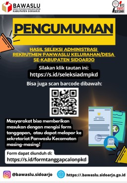 Ini Pengumuman Hasil Seleksi Administrasi Rekrutmen Panwaslu Kelurahan/Desa se Kabupaten Sidoarjo
