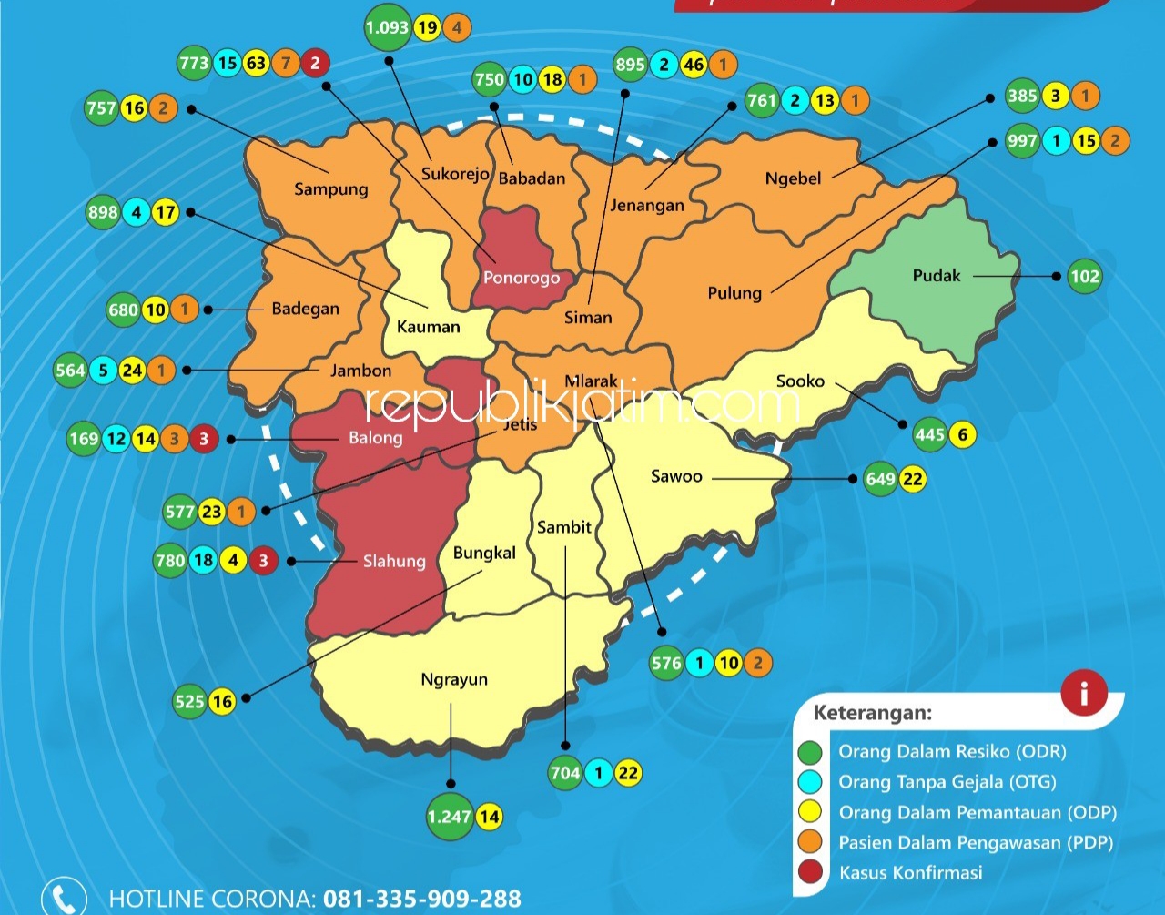 SEBARAN - Peta persebaran penyakit Covid-19 di wilayah Ponorogo.