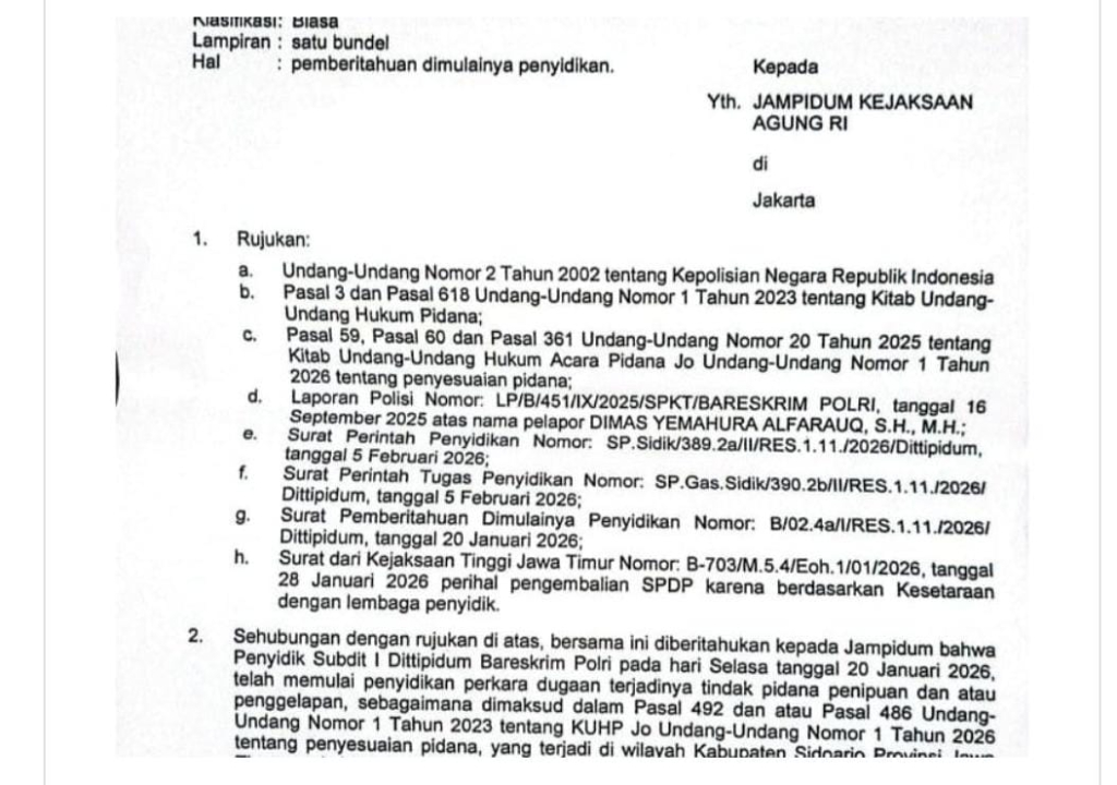 SPDP - Sebuah SPDP dikirim tim penyidik Bareskrim, Mabes Polri untuk Jampidsus Kejagung RI kemarin.