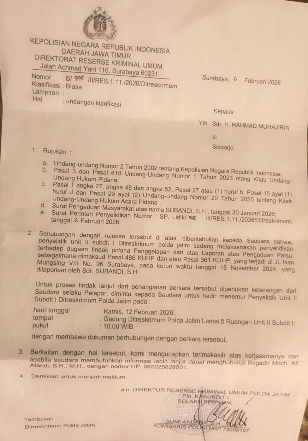 Sertifikat Terlanjur Jadi Bukti, Rahmat Muhajirin Bantah Tuduhan Bupati Sidoarjo di Hadapan Penyidik Polda Jatim