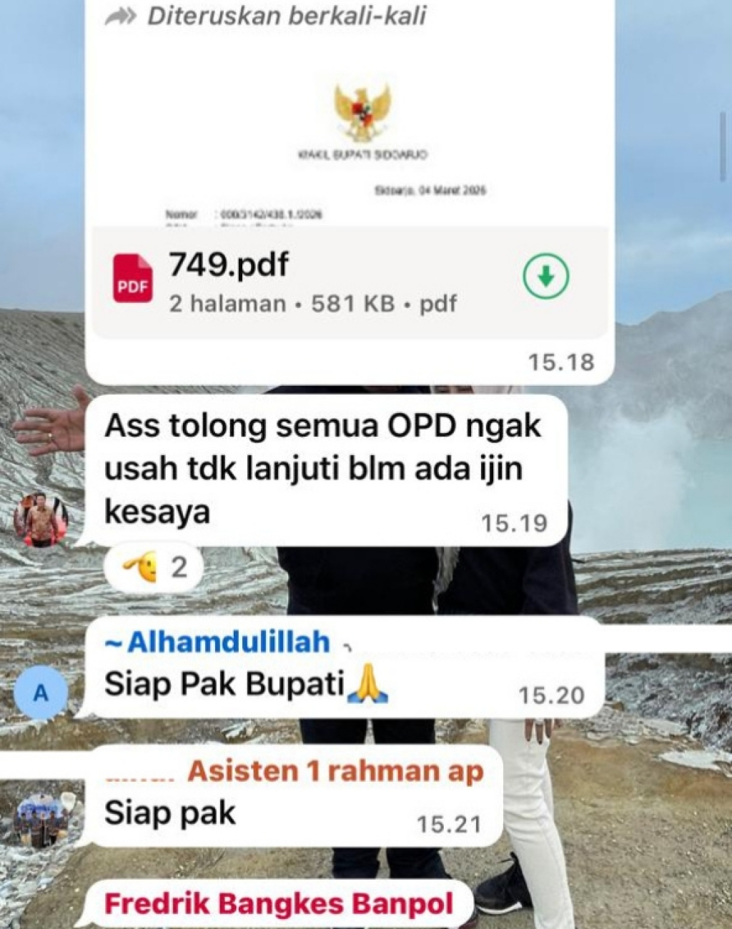 WAG - Begini isi dialog WA Grup (WAG) yang didalamnya berisikan anggota dan dialog para kepala OPD di lingkungan Pemkab Sidoarjo sekaligus berisi nomor WA Bupati dan Wabup Sidoarjo, Rabu (11/03/2026).