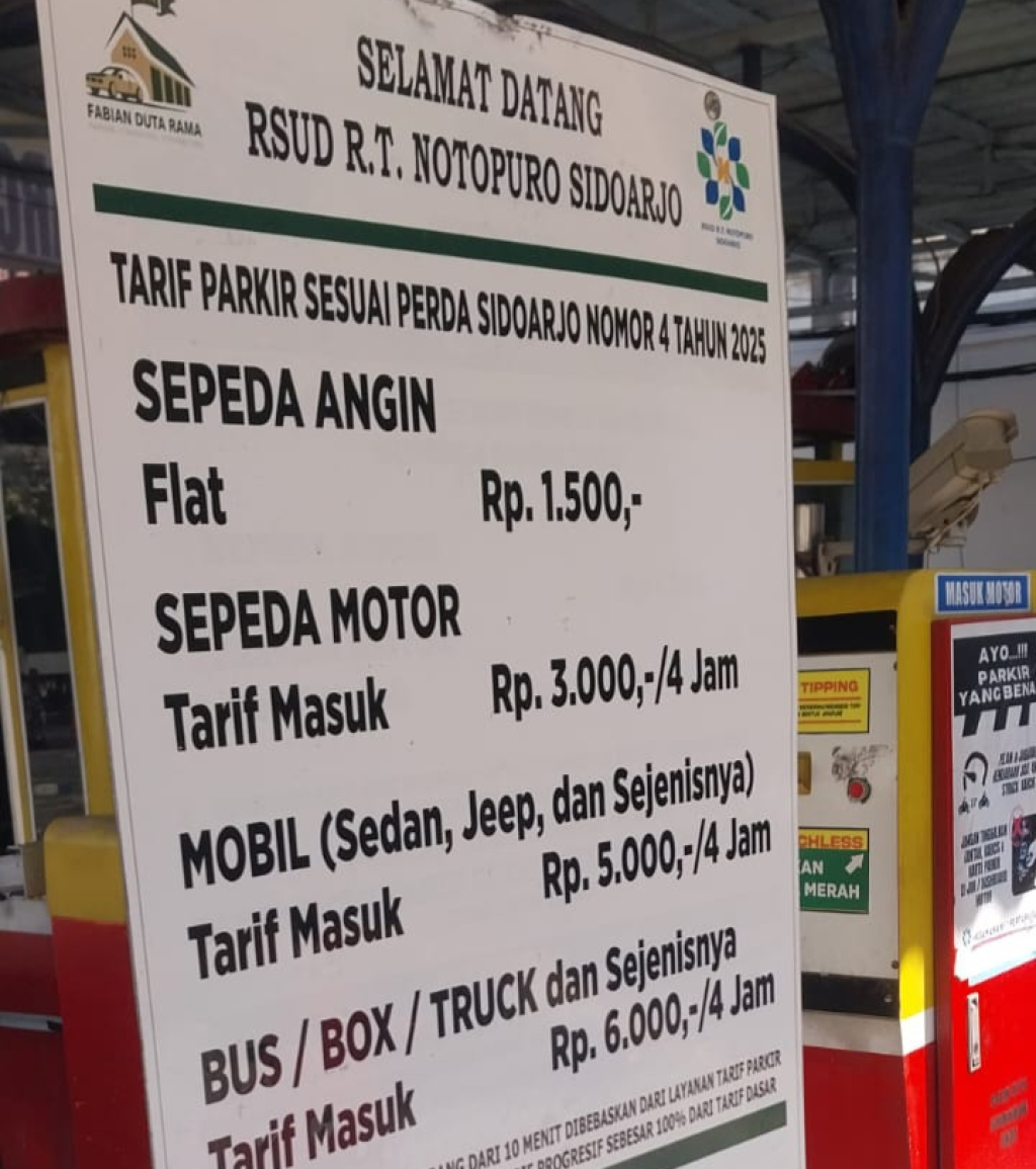 PARKIR - Kebijakan tarif parkir progresif di RSUD RT Notopuro Sidoarjo menuai gelombang protes keras karena dinilai membebani masyarakat yang tengah tertimpa musibah (sakit) hingga JCW mengadu ke DPRD Sidoarjo kemarin.