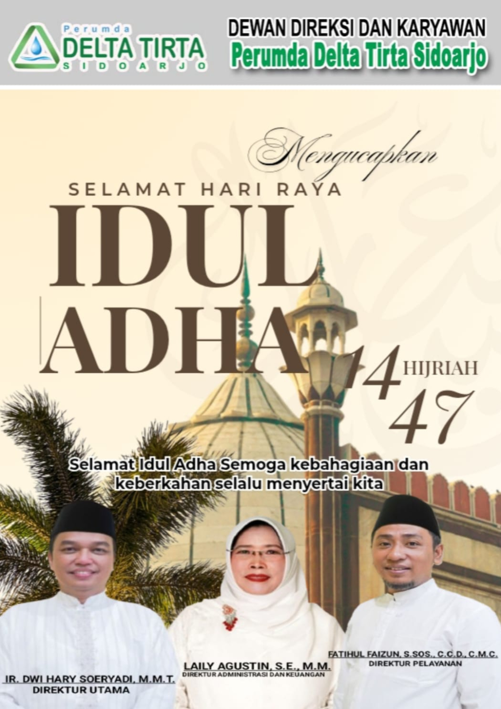 Dewan Direksi dan Karyawan Perumda Delta Tirta Sidoarjo Mengucapkan Selamat Hari Raya Idul Adha 1447 Hijriyah.