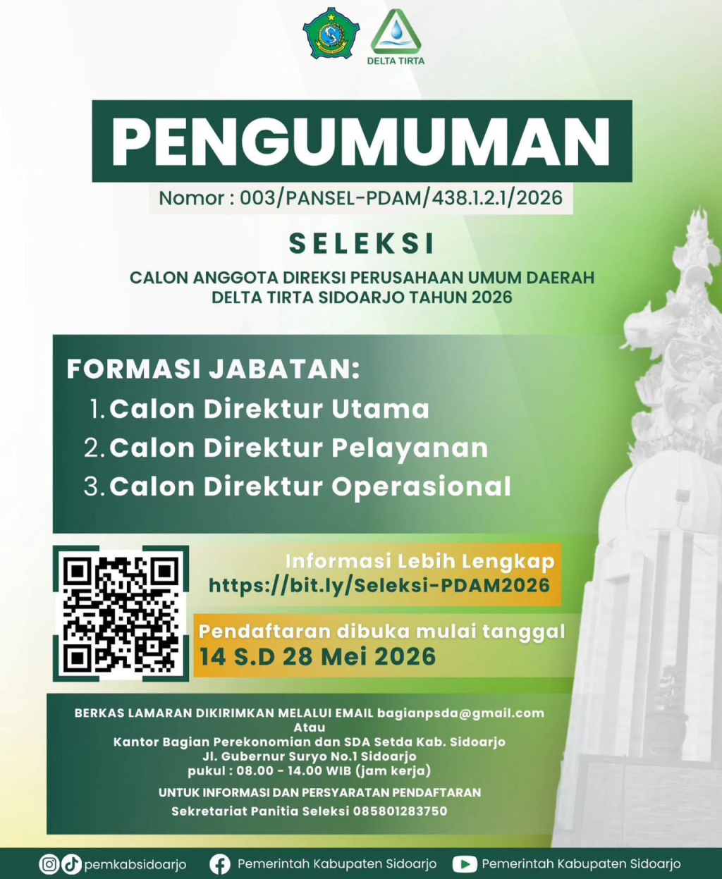 FORMASI - Ini tiga formasi jajaran direksi Perumda Delta Tirta Sidoarjo yang diperebutkan pelamar mulai Direktur Utama, Direktur Pelayanan hingga Direktur Operasional dan Teknik hingga adanya dugaan calon membawa kunci jawaban saat tes di Polda Jatim.