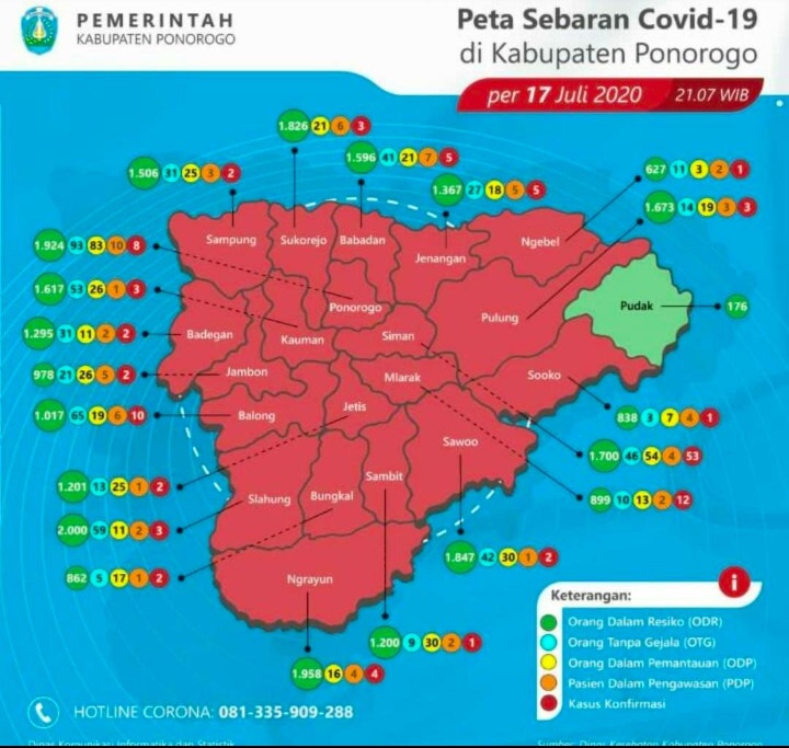 SEBARAN - Peta sebaran penambahan Covid-19 di wilayah Ponorogo, Jumat (17/07/2020). 