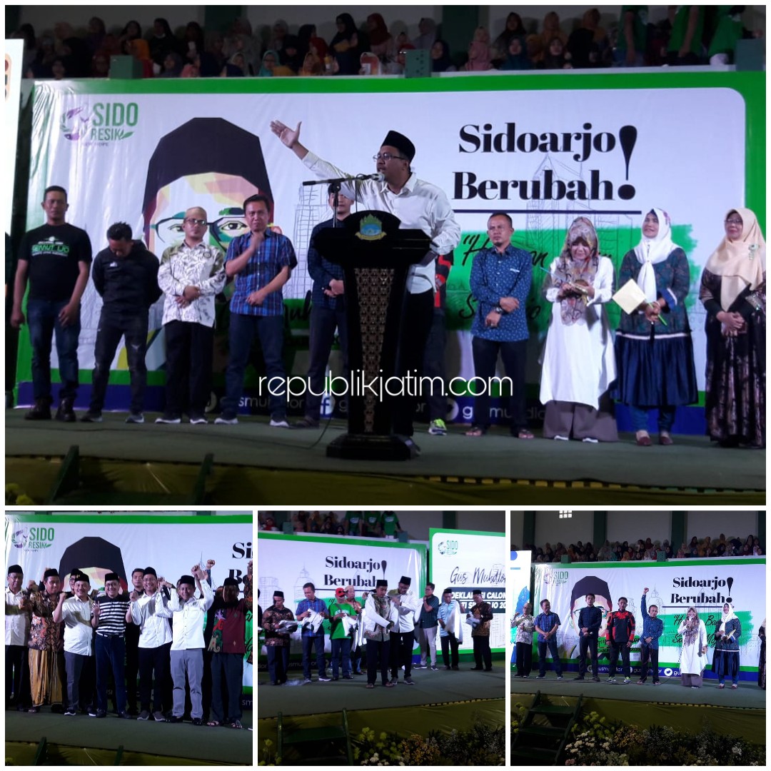 DEKLARASI - CEO Sido Resik, Ahmad Muhdlor Ali (Gus Muhdlor) mendeklarasikan diri maju sebagai Bakal Calon Bupati (Bacabup) Sidoarjo dalam Pilkada 2020 di GOR Pondok Bumi Sholawat, Lebo, Sidoarjo, Minggu (05/01/2020) sore.