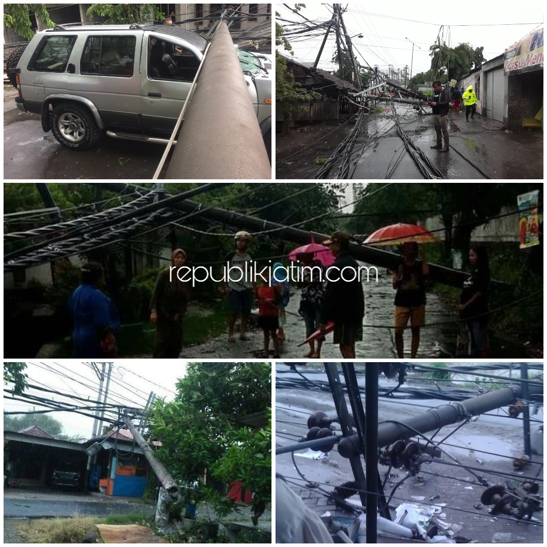 ROBOH - Sebanyak 78 tiang listrik di Desa Barengkrajan, Kecamatan Krian, Sidoarjo ambruk diamuk puting beliung menutup jalan, menimpa mobil dan motor parkir, Minggu (05/01/2020).