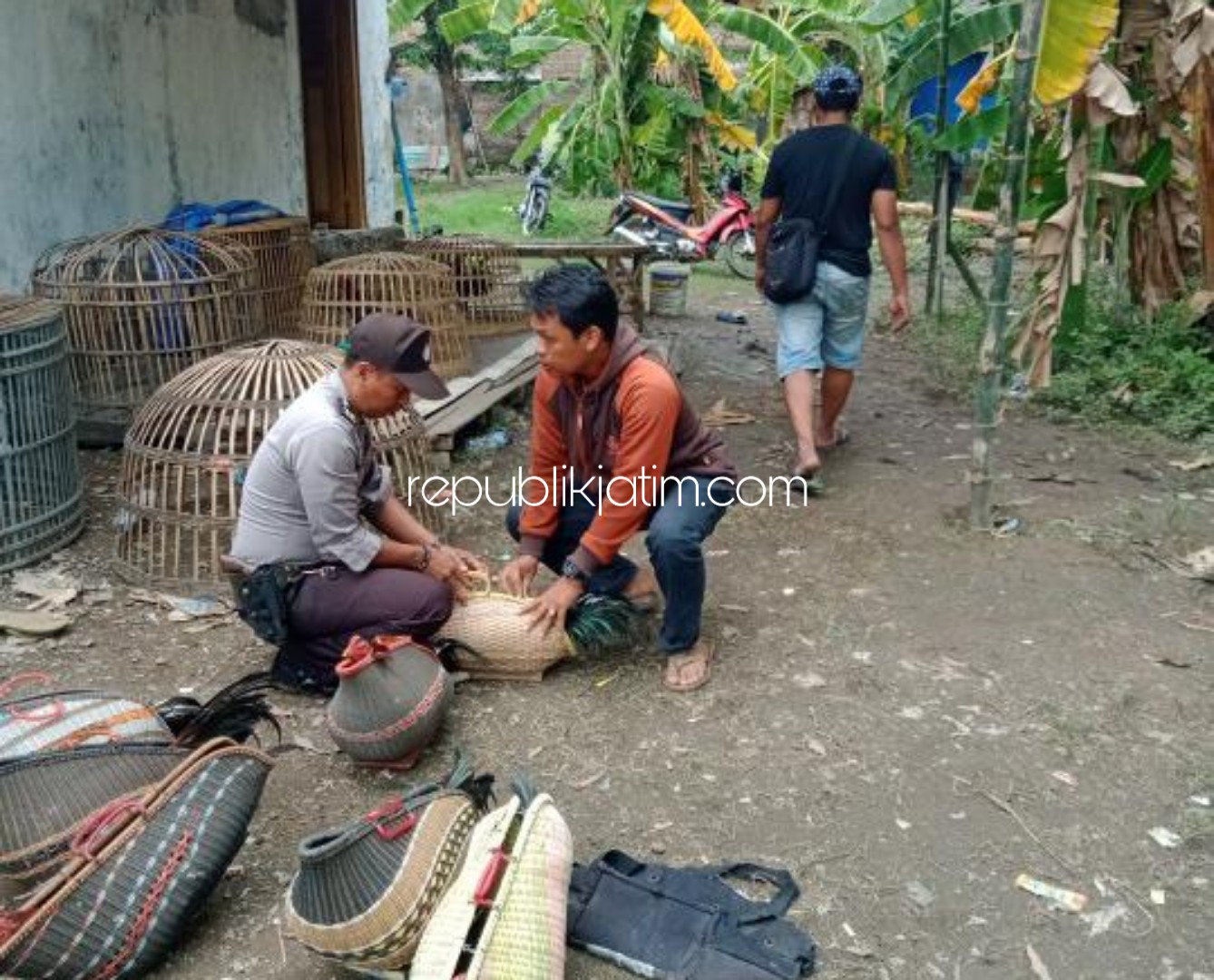 GEREBEK - Sejumlah anggota Polsek Krian mengamankan barang bukti di arena sabung ayam di Dusun Parengan, Desa Kraton, Kecamatan Krian, Sidoarjo tanpa adanya tersangka perjudian, Minggu (12/01/2020).