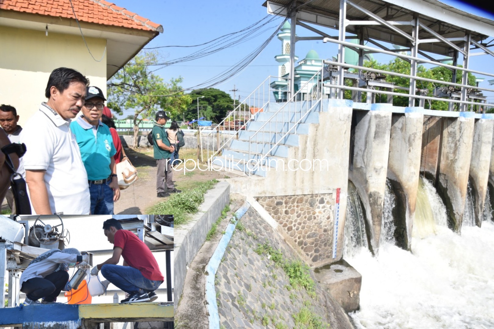 SIDAK - Plt Bupati Sidoarjo, Nur Ahmad Syaifuddin dan Kepala DLHK Pemkab Sidoarjo, Sigit Setyawan bersama BBTKLPP meninjau Dam Sungai Desa Sumput, Kecamatan/Kabupaten Sidoarjo untuk mengambil sampel soal busa yang menyerupai salju, Minggu (19/01/2020).