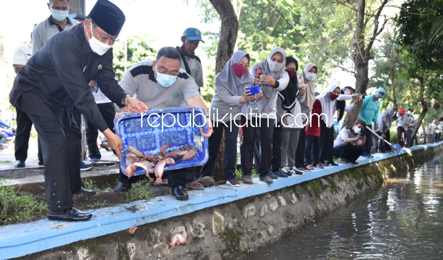 TEBAR - Pj Bupati Sidoarjo, Hudiyono didampingi Kepala Dinas Perikanan Pemkab Sidoarjo, M Bachruni Aryawan menebar 1.000 ikan mujair nila di sungai sekitar Pendopo Delta Wibawa, Sidoarjo, Jumat (22/01/2021).