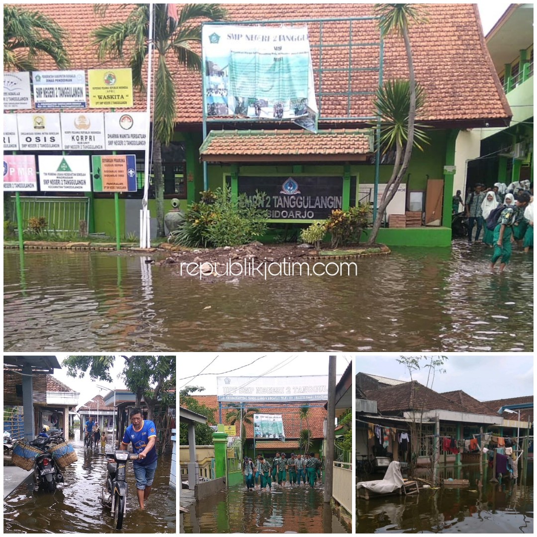 BANJIR - Sekitar 6 desa yang ada di Kecamatan Porong dan Kecamatan Tanggulangin, termasuk SMPN 2 Tanggulangin di Desa Kedungbanteng, Kecamatan Tanggulangin, Sidoarjo terendam air banjir luapan sungai, Kamis (23/01/2020).