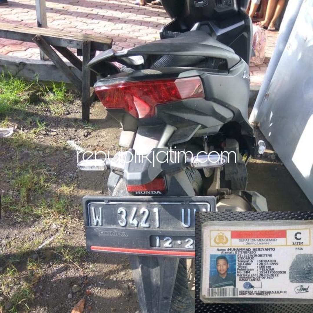 TEWAS - Motor Honda Vario bernopol W 3421 UW yang ditumpangi korban diamankan polisi sebagai barang bukti usai korban, Muhammad Heriyanto (20) dievakuasi ke rumah sakit, Senin (04/02/2019).