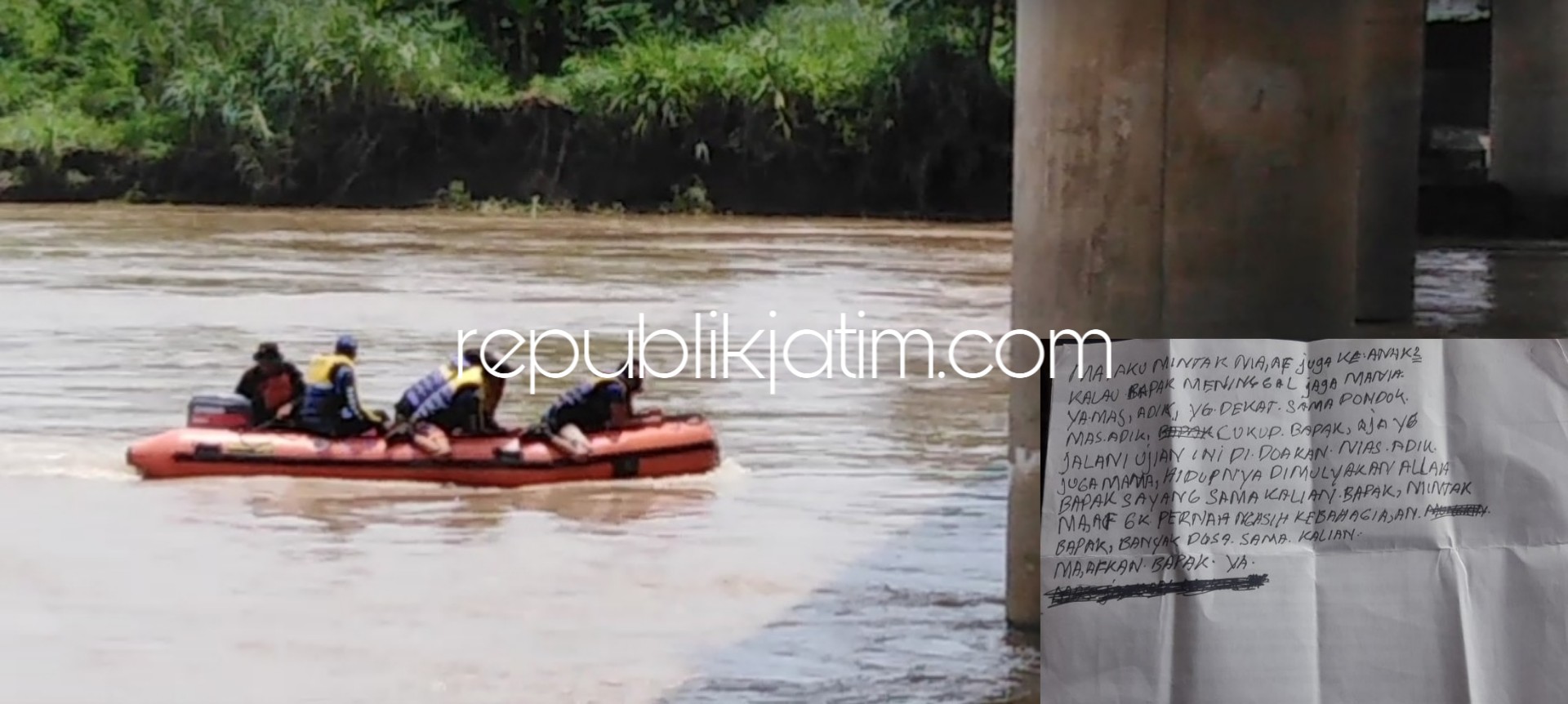 PENCARIAN - Tim Basarnas dan telawan masih terus mencari keberadaan Santoso (43) warga Desa Gelang, Kecamatan Tulangan, Sidoarjo mulai Sungai Porong hingga perairan timur Sidoarjo, Kamis (07/02/2019). Insert foto surat wasiat korban.