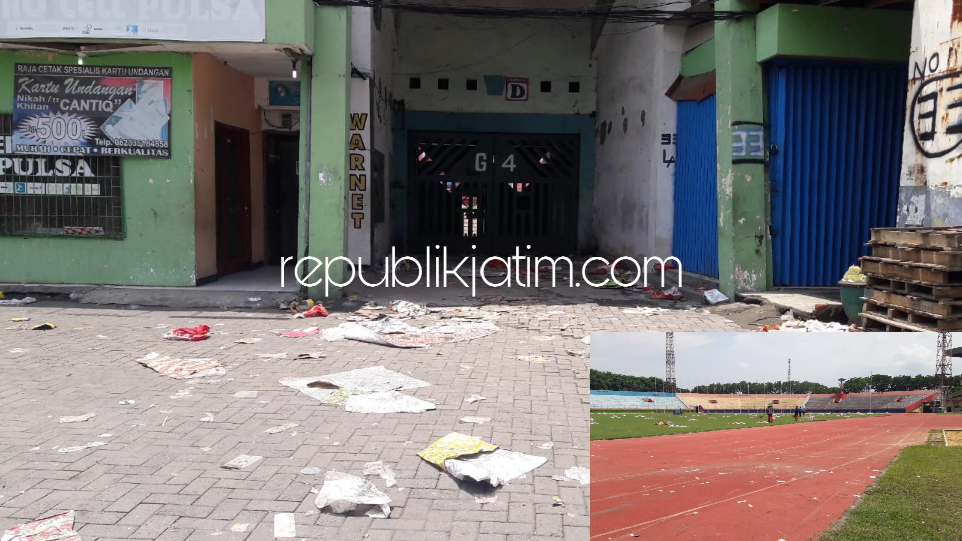 BERSERAKAN - Sampah bekas acara HUT SPSI Ke 46 masih berserakan di wilayah seputar GOR Sidoarjo belum dibersihkan petugasnya, Senin (04/03/2019).