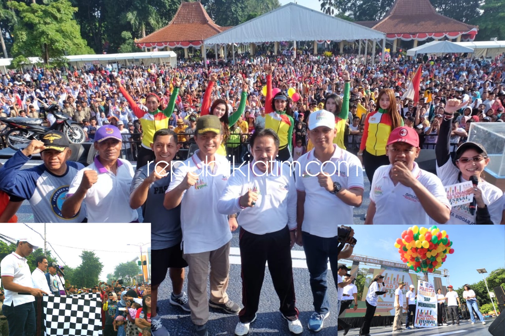PUNCAK - Kapolresta Sidoarjo, Kombes Pol Zain Dwi Nugroho, Wabup Sidoarjo, Nur Ahmad Syaifuddin bersama Forkopimda foto bersama usai jalan dan senam bersama dalam puncak acara MRSF di Alun-Alun Sidoarjo, Minggu (10/03/2019).