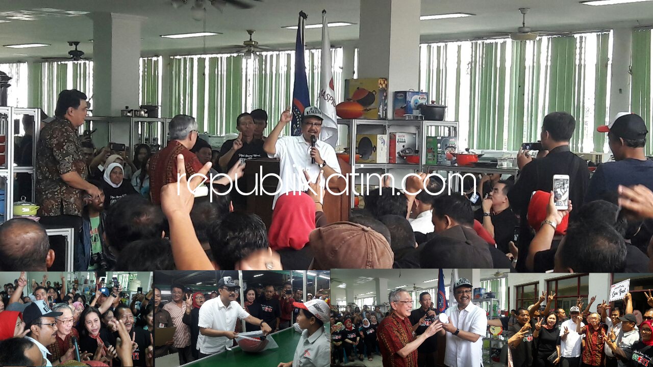 DUKUNGAN - Cagub Jawa Timur, Saifullah Yusuf mendapat dukungan sekitar 30.000 karyawan PT Maspion Grup saat berkunjung ke Maspion I, Aloha, Sidoarjo, Sabtu (07/04/2018).