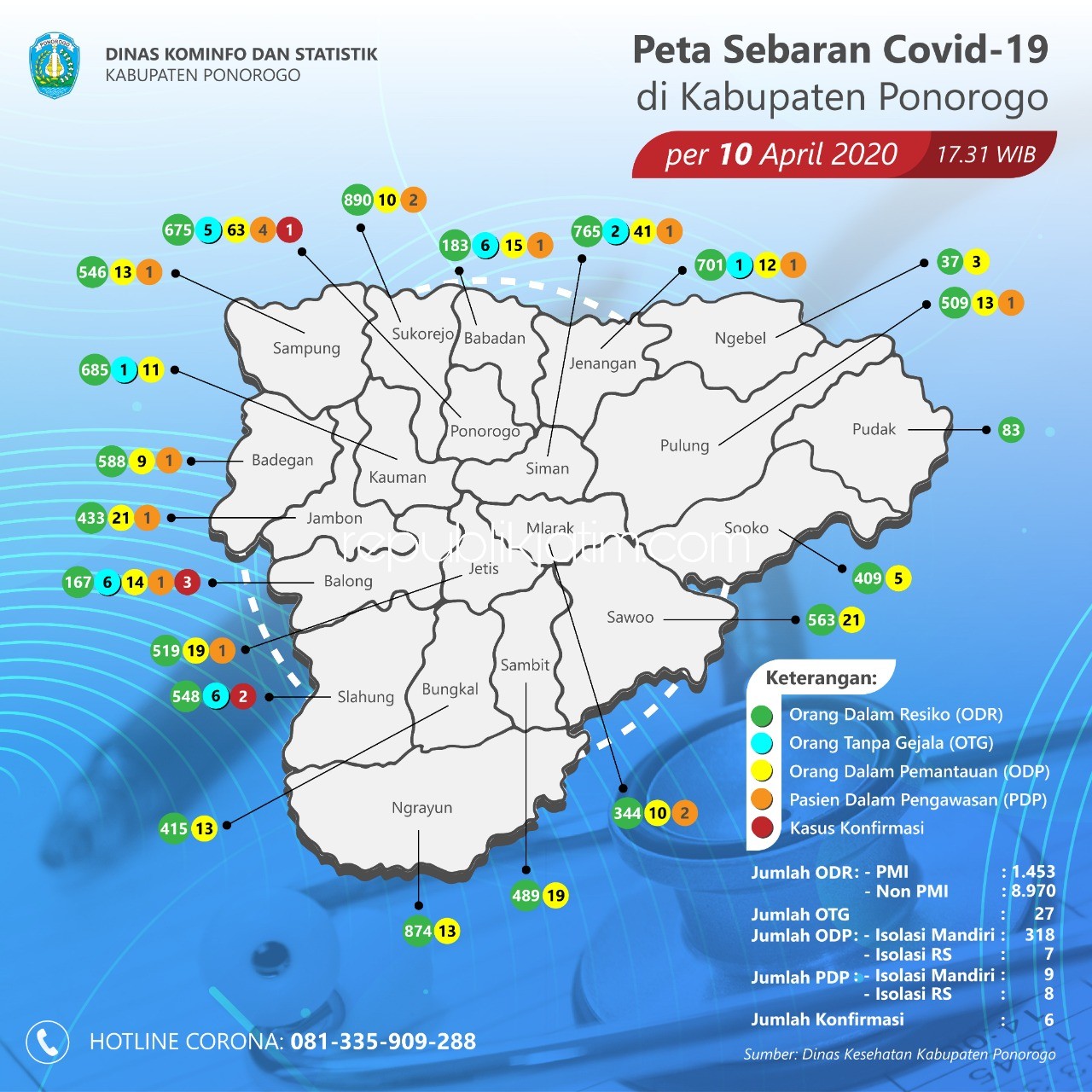 SEBARAN - Peta sebaran terbaru perkembangan persebaran Covid-19 di Ponorgoro, Jumat (10/04/2020).