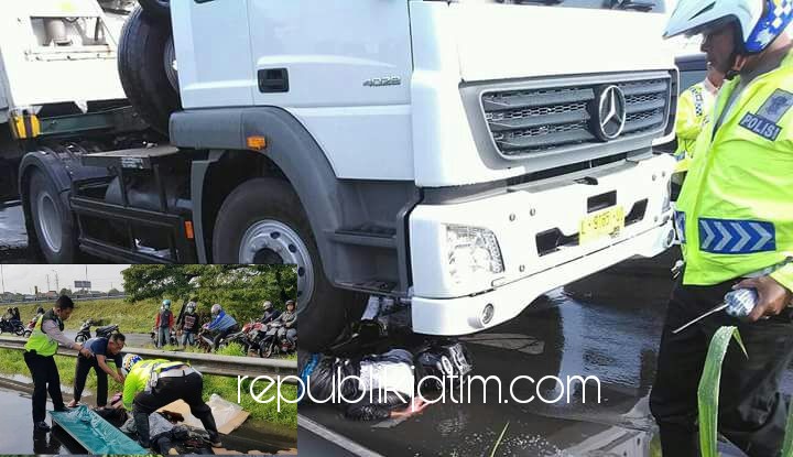 TEWAS - Pasangan Suami Istri (Pasutri) Salman Anis (39) dan Luluk Rahmawati (32) tewas mengenaskan di JL Raya Exit Tol Waru 3 Medaeng arah Bundaran setelah motor Yamaha Vixion tersenggol truk BBM, Kamis (12/03/2018).