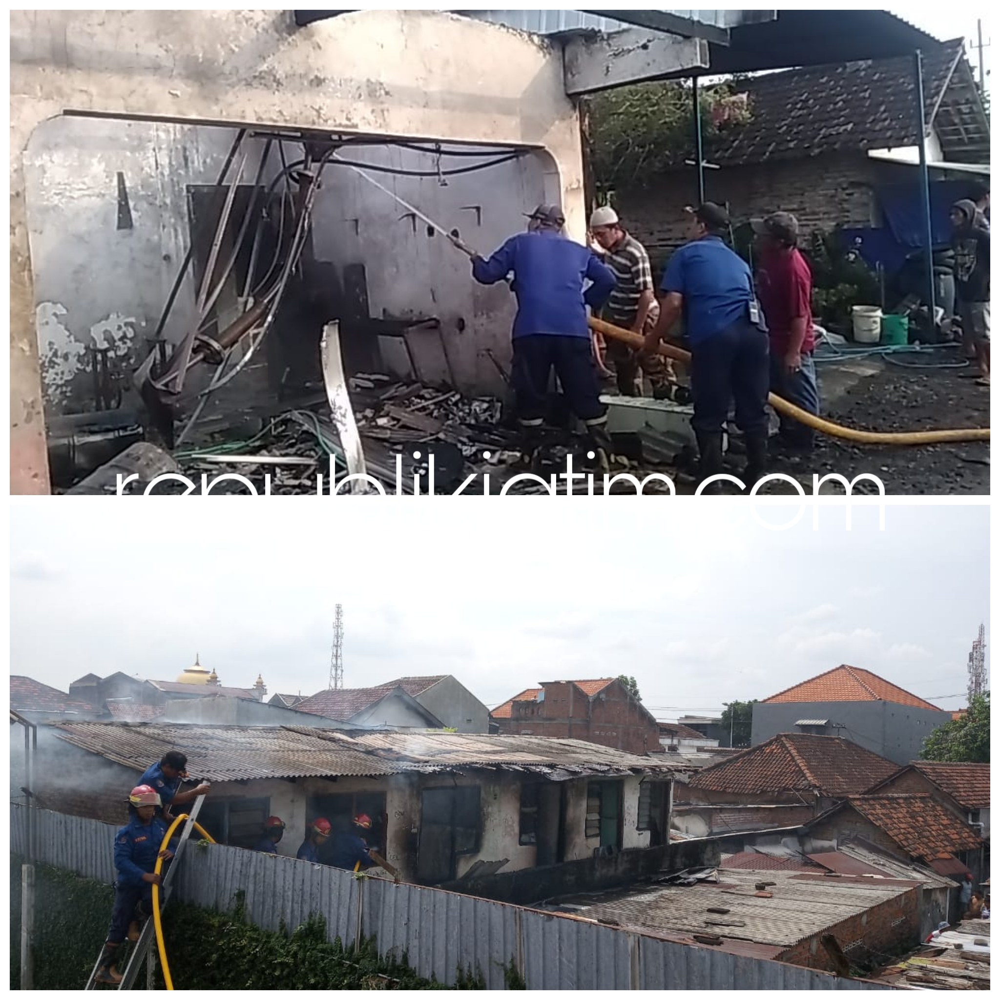 TERBAKAR - Petugas PMK Sidoarjo berusaha memadamkan api yang membakar toko sembako di Desa Pilang, Kecamatan Wonoayu dan kos-kosan di Desa Sawotratap, Kecamatan Gedangan yang terbakar, Jumat (12/04/2019).