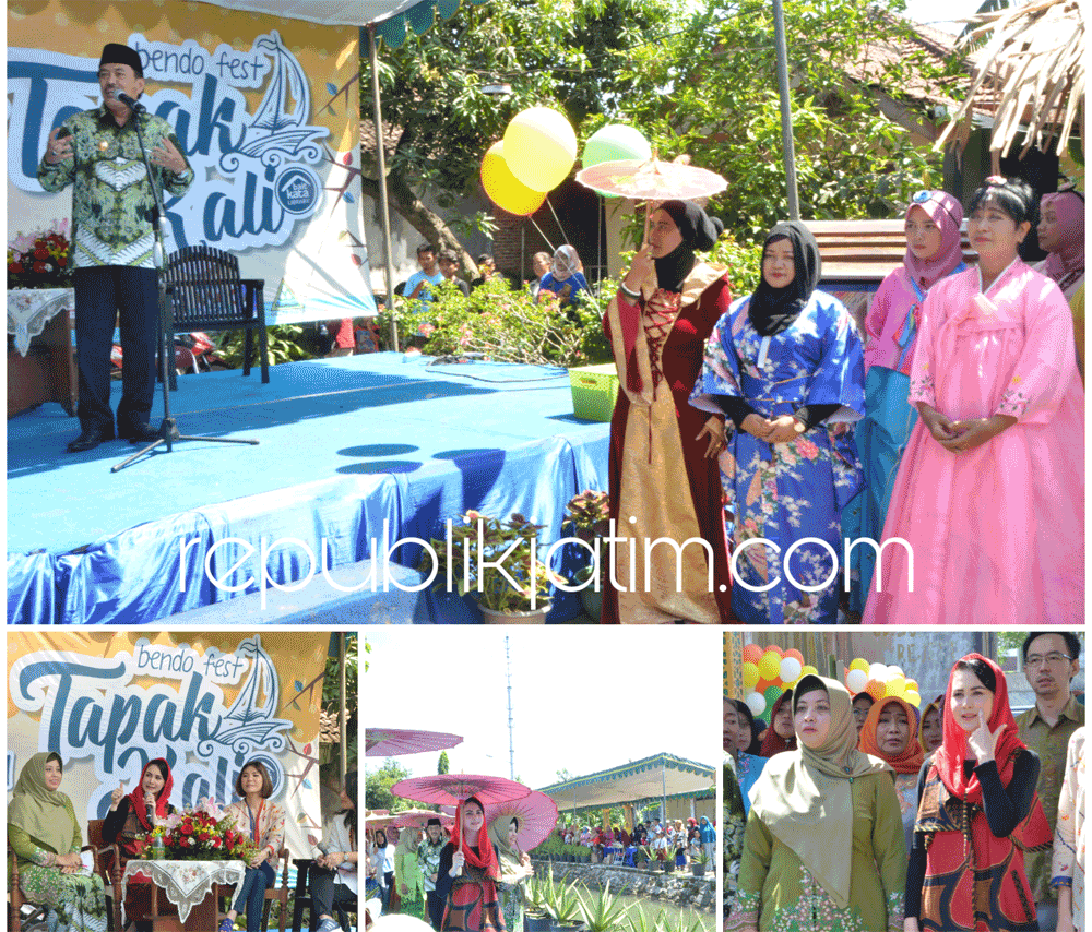 KAMPUNG LITERASI - Wabup Sidoarjo, Nur Ahmad Syaifuddin bersama Ketua PKK Propinsi Jatim, Arumi Emil Dardak meresmikan kampung literasi di acara Bendo Festival Tapak Kali di Dusun Tebel Barat, Desa Tebel, Kecamatan Gedangan, Sidoarjo, Selasa (23/04/2019).