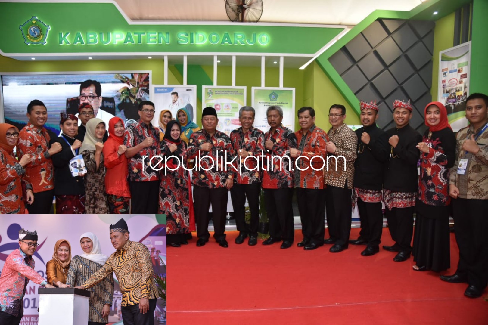 PAMERAN - Bupati Sidoarjo, Saiful Ilah memimpin OPD Pemkab Sidoarjo turut Pameran dan Simposium Inovasi Pelayanan Publik Jawa Timur 2019 di Banyuwangi yang dibuka Gubernur Jatim dan Deputi Bidang Pelayanan Publik Kemenpan RB, Rabu (24/04/2019).