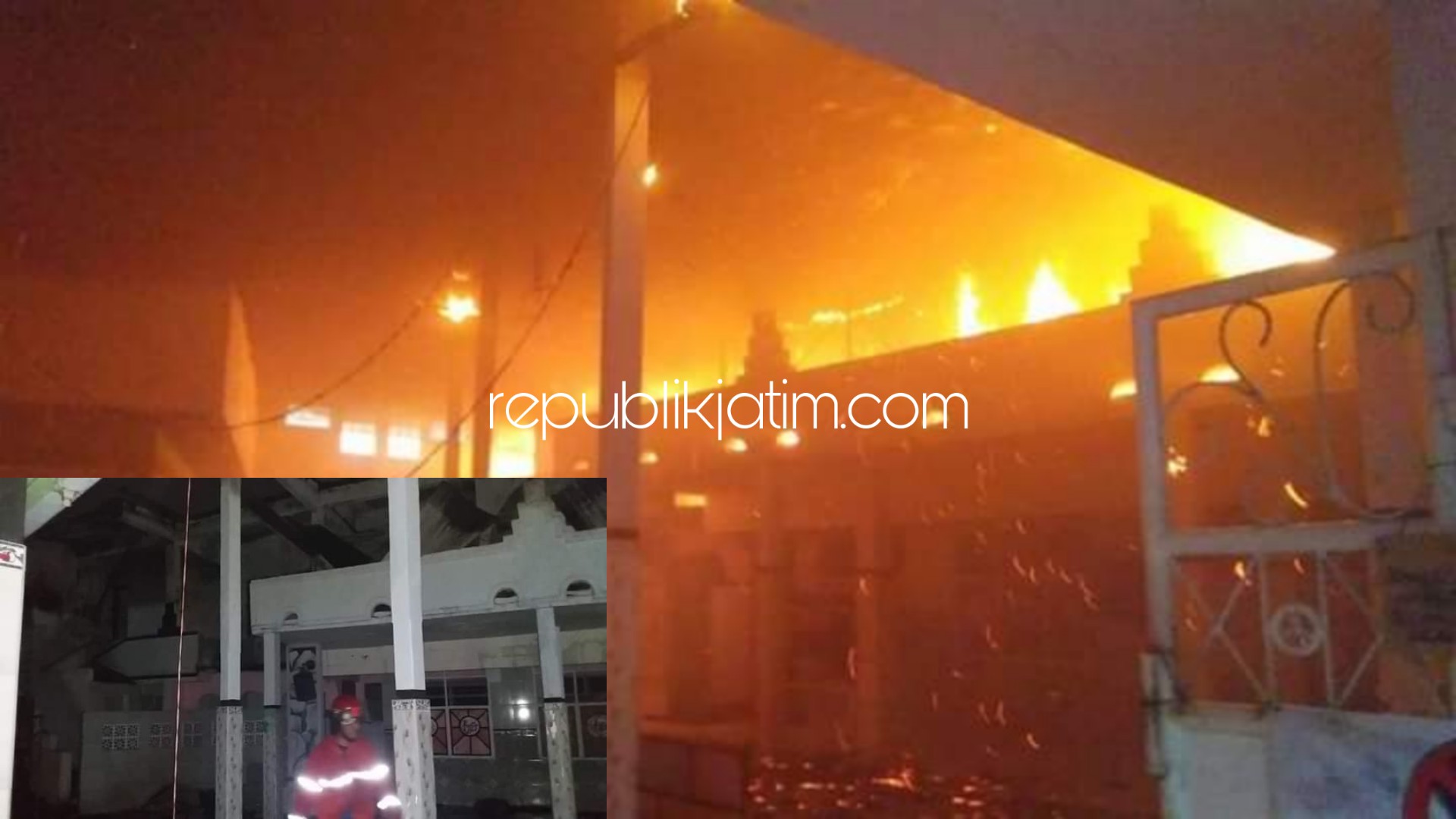 TERBAKAR - Pondok Pesantren (Ponpes) Jabal Noer di JL Mangga, Kelurahan Geluran, Kecamatan Taman, Sidoarjo terbakar dipadamkan 5 mobil PMK, Rabu (15/05/2019) petang.