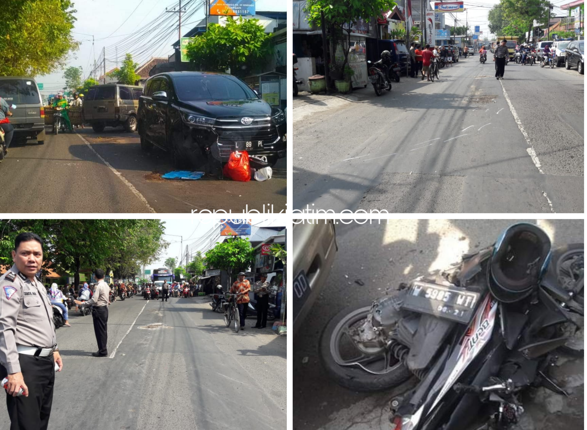 BERUNTUN - Kecelakaan beruntun melibatkan 3 kendaraan di JL Raya Kenongo, Kecamatan Tulangan, Sidoarjo menyebabkan seorang pengendara motor tewas di lokasi kejadian, Jumat (17/05/2019).