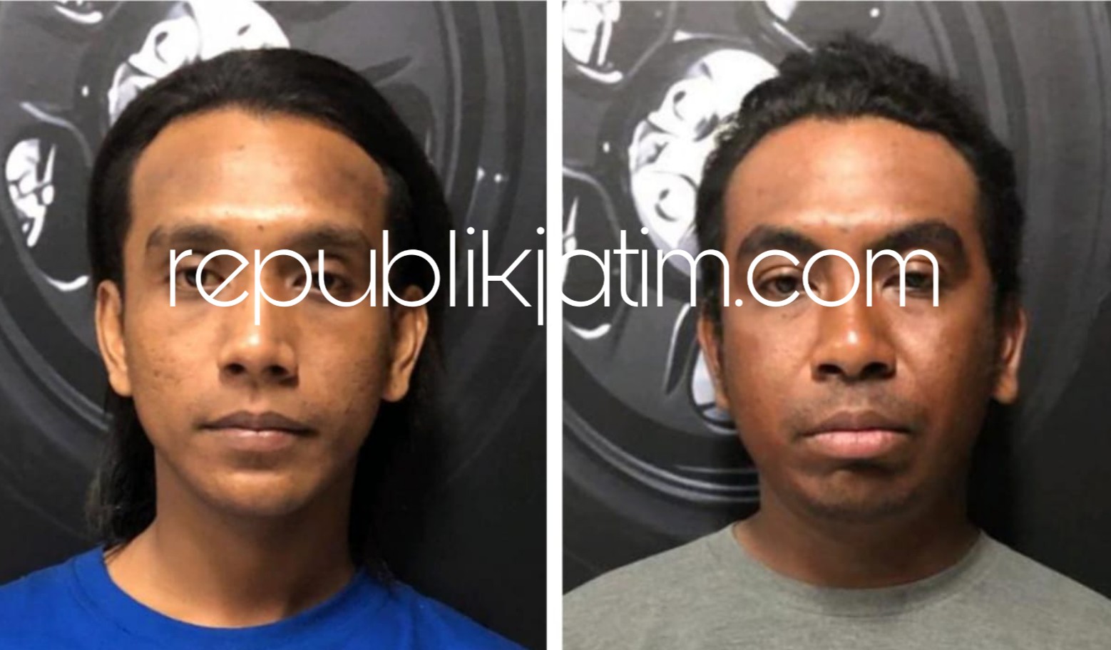 TERTANGKAP - Dua tersangka Andri alias Ambon Besar dan tersangka Andre alias Ambon Kecil diamankan petugas Satuan Reskrim, Polresta Sidoarjo, Senin (18/05/2020).