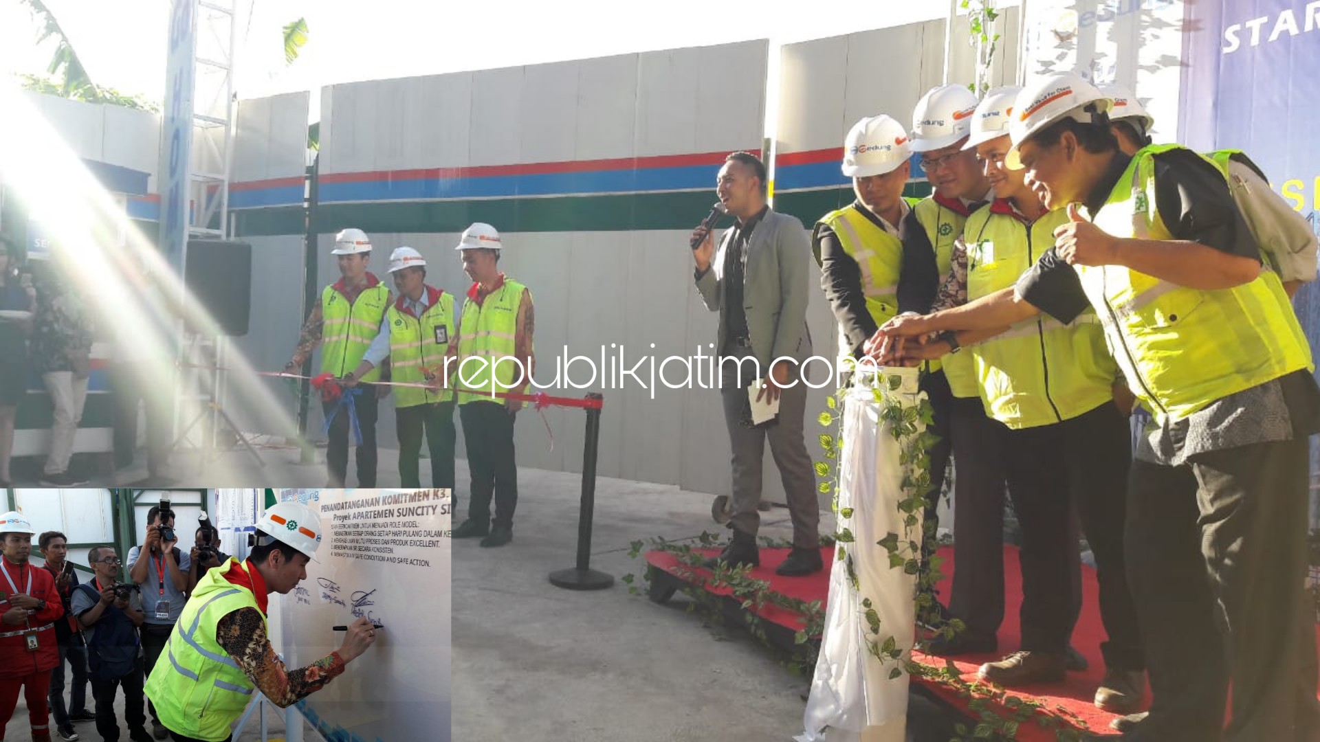 MULAI BANGUN - Para pejabat Suncity grup (PT Indraco) memotong pita dan membunyikan sirine mulai dibangunnya Suncity Residence Apartemen yang bakal dikerjakan PT Wijaya Karya (Wika) selama 24 bulan, Selasa (21/05/2019).