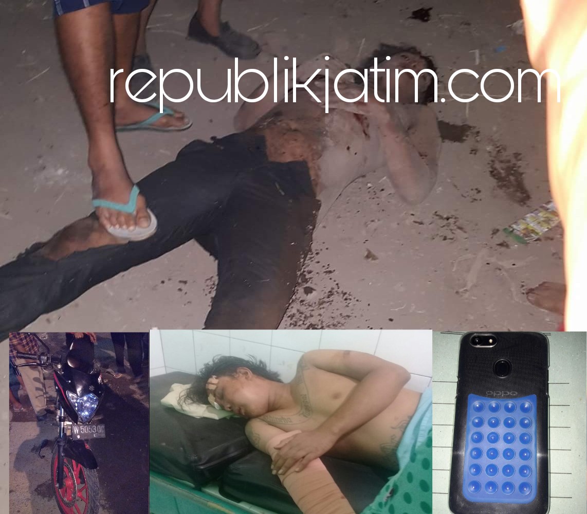 NYARIS TEWAS - Tersangka begal, Muhamad Zainudin (24) warga Desa Balongdowo, Kecamatan Candi, Sidoarjo yang tewas dihajar warga di dekat lampu merah jalur Arteri Porong, Kamis (31/05/2018) dini hari.