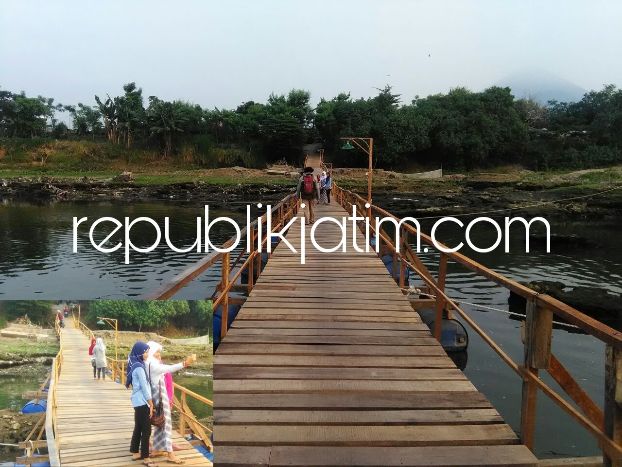 JEMBATAN APUNG - Jembatan apung sepanjang hampir 200 meter di perbatasan Desa Tambakrejo, Kecamatan Krembung dan Desa Candiharjo, Kecamatan Ngoro menjadi jembatan penghubung Sidoarjo - Mojokerto menjadi sarana berswafoto, Jumat (01/06/2018).