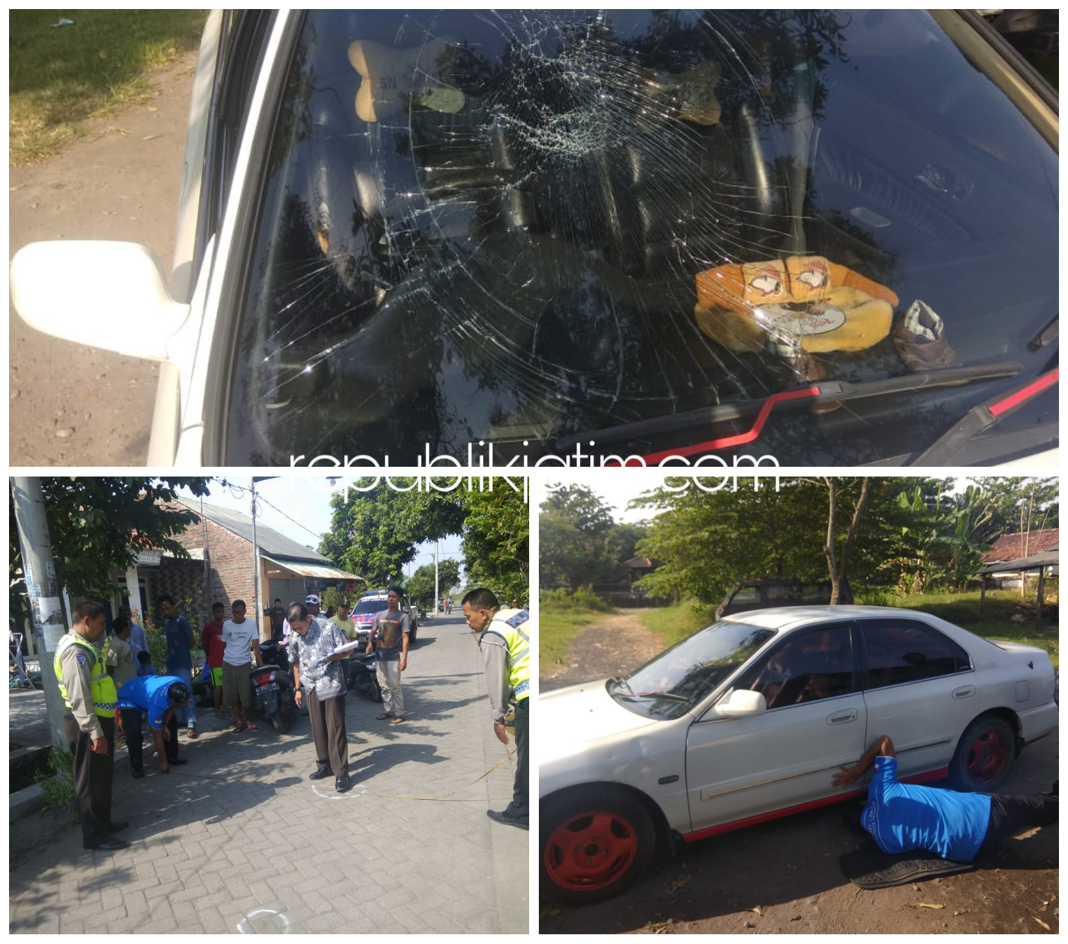 OLAH TKP - Sejumlah petugas Unit Laka, Satuan Lantas, Polresta Sidoarjo menggelar olah TKP tertabrak dan tewasnya RDW (4) warga Desa Wunut, Kecamatan Porong, Sidoarjo, Minggu (02/06/2019).