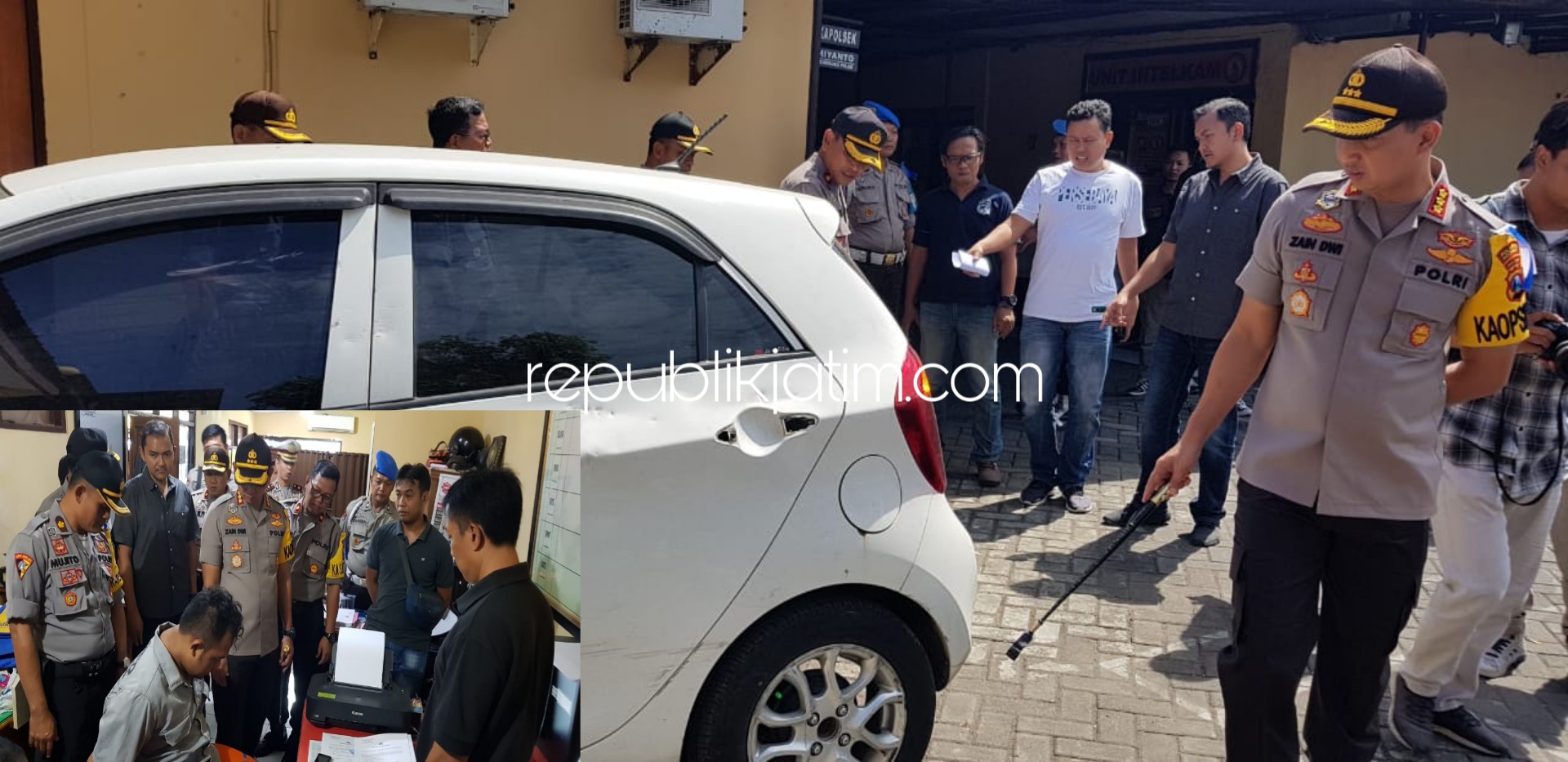 BARANG BUKTI - Kapolresta Sidoarjo, Kombes Pol Zain Dwi Nugroho menunjukkan barang bukti mobil dan tersangka yang membawa kabur mobil milik kekasihnya yang dikenal lewat Media Sosial (Medsos), Minggu (09/06/2019).