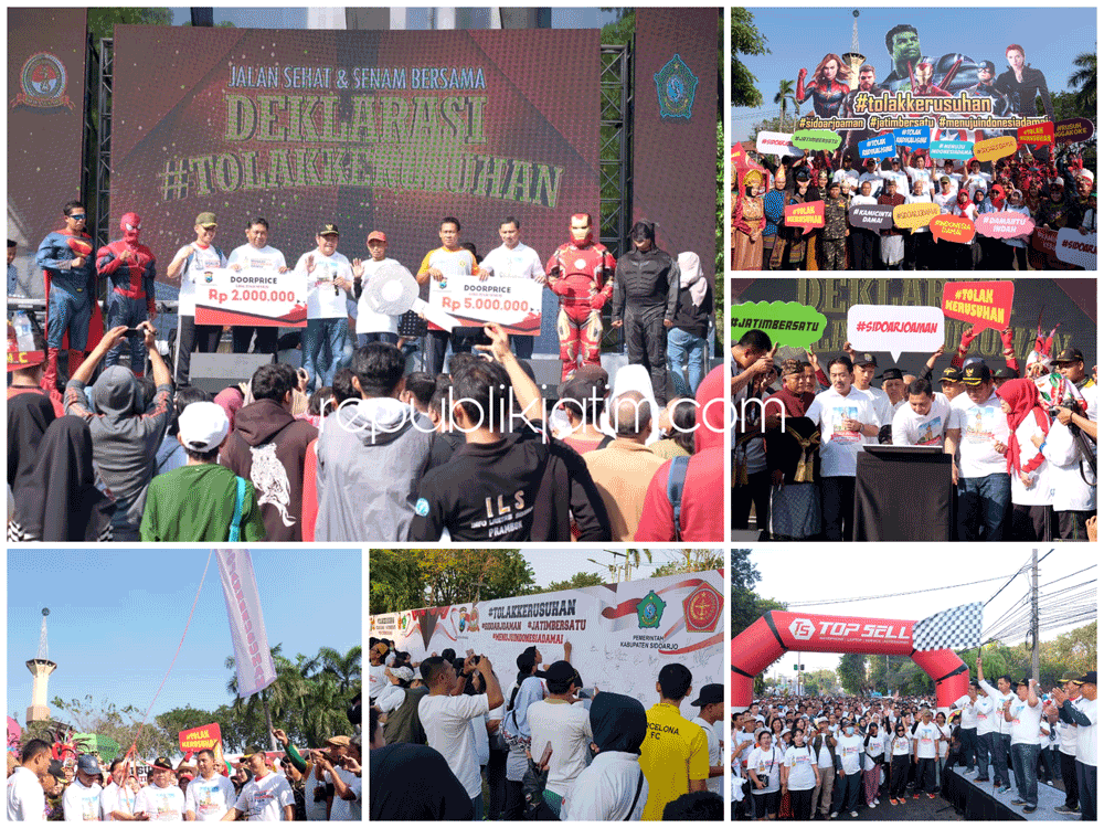 TOLAK KERUSUHAN - Bupati dan Kapolresta beserta Forkopimda dan masyarakat deklarasi Tolak Kerusuhan di Alun-Alun Sidoarjo usai jalan sehat, Minggu (16/06/2019).