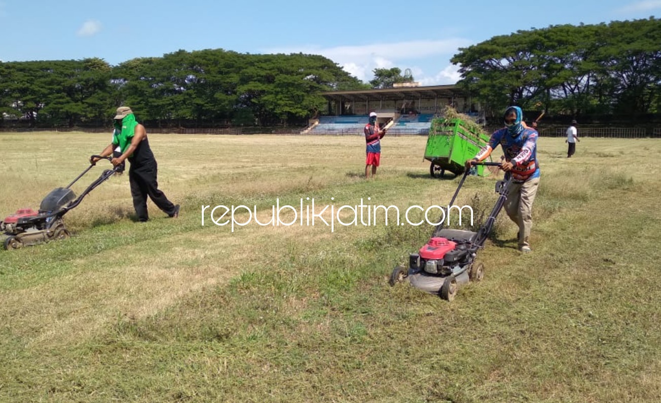 KEBUT - Disbudparpora Pemkab Ponorogo akhirnya memotongi rumput Stadion Batoro Katong dengan cara dikebut dan ditargetkan selesai dua hari dengan menerjunkan 14 tenaga dan 5 mesin potong rumput, Kamis (18/06/2020).