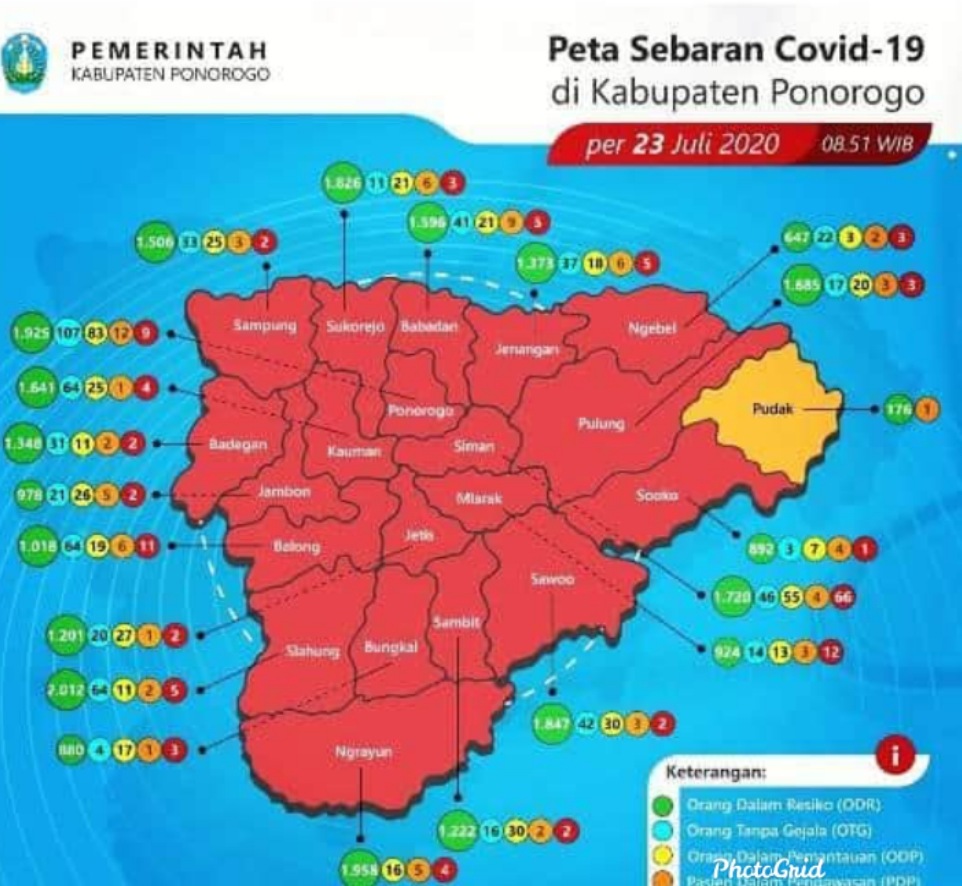 PETA SEBARAN - Peta sebaran Covid-19 di Ponorogo tidak ada lagi zona hijau.