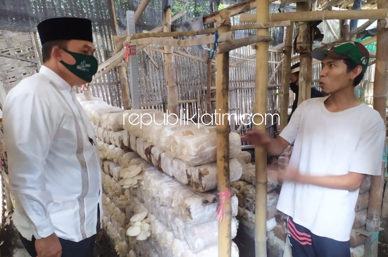 MOTIVASI - Bacabup Sidoarjo, Bambang Haryo Soekartono (BHS) memberi motivasi petani jamur, Eko Andik Susanto warga Desa Keper, Kecamatan Krembung, Sidoarjo agar meningkatkan produksinya sekaligus memberikan bantuan, Selasa (04/08/2020). 