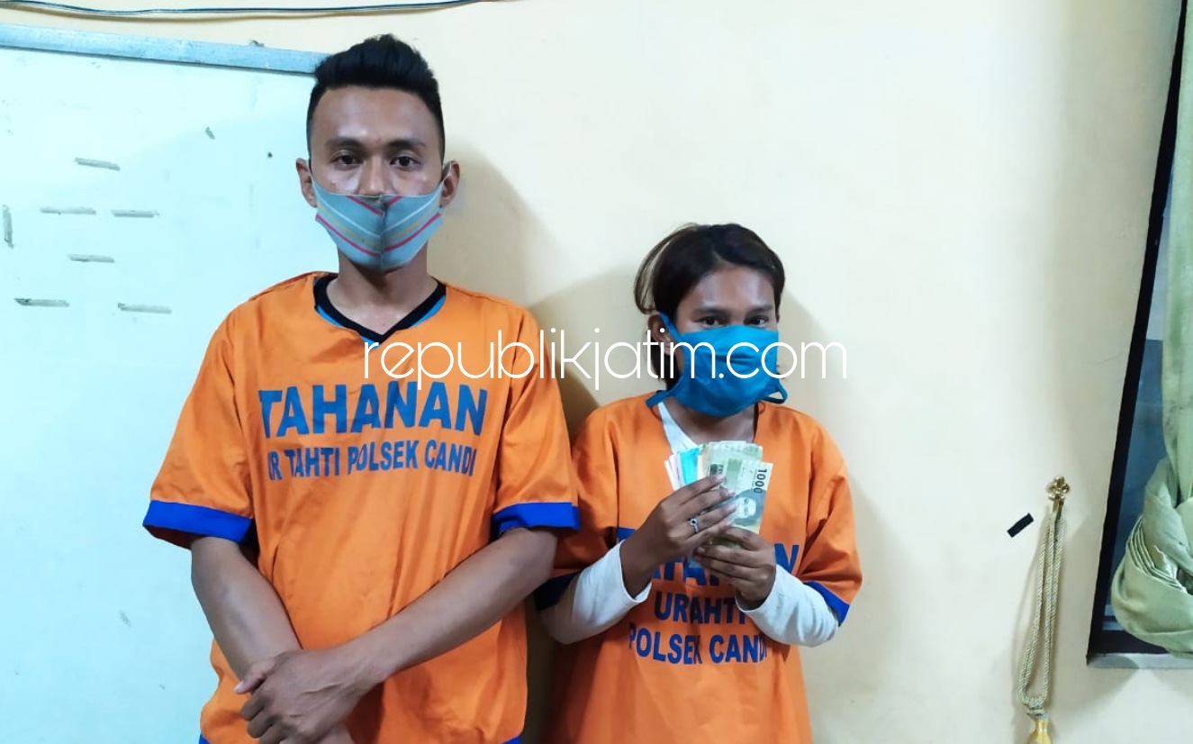 PASUTRI - Tersangka pencurian Pasangan Suami Istri (Pasutri) Ongky Sumadinata (33) dan Weny Suhartika Putri (23) warga JL KH Agus Salim Desa/Kecamatan Tulangan, Sidoarjo ditahan Polsek Candi usai tertangkap di Desa Durungbedug, Jumat (07/08/2020).