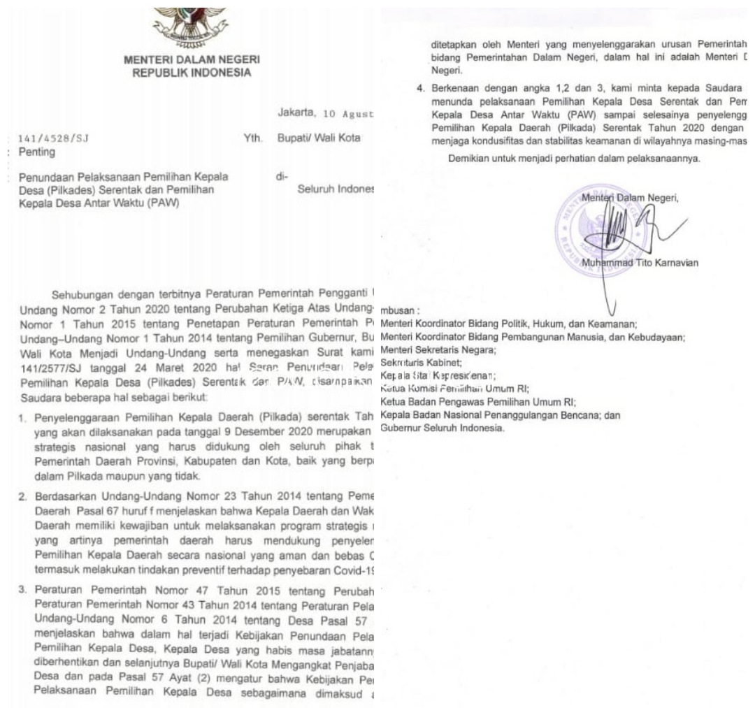 SURAT EDARAN - Surat Edaran (SE) Mendagri Nomor : 141/4528/SJ ditujukan kepada Bupati/Wali Kota se Indonesia isinya kepala daerah diminta fokus mensukseskan Pilkada 9 Desember mendatang karena masuk program strategis nasional tertanggal 10 Agustus 2020.