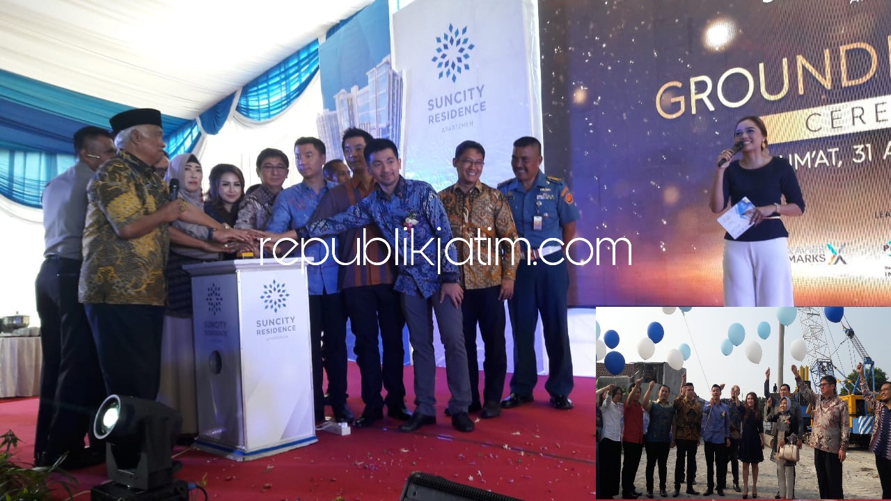 GROUND BREAKING - Direktur Suncity, Candra Denny Purnama menandai groud breaking (peletakan) batu pertama Suncity Residence Apartemen dengan memencet tombol sirine dan pelepasan balon di area tower gedung berlantai 30, Jumat (31/08/2018).