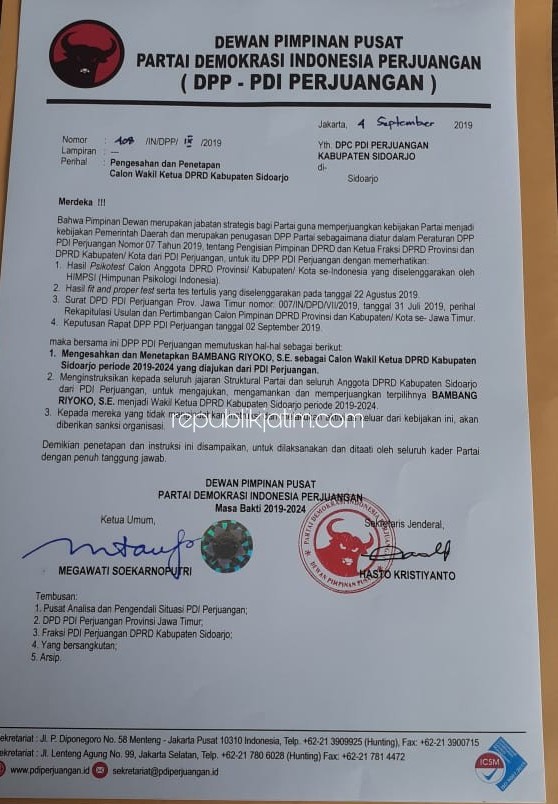 PENETAPAN - DPP PDI Perjuangan menetapkan Kader Senior, Bambang Riyoko sebagai Wakil Ketua DPRD Sidoarjo dalam surat yang ditandatangani 4 September 2019.