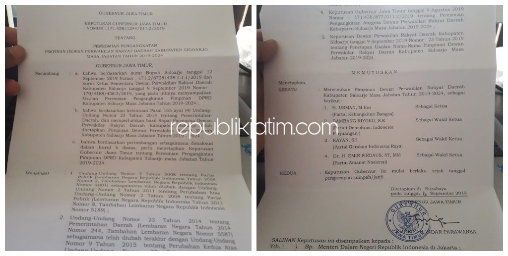 PENETAPAN - Gubernur Jatim, Khofifah Indar Parawansa menetapkan 4 pimpinan DPRD Sidoarjo periode 2019-2024 dalam Surat Keputusan (SK) yang ditandatangi per 16 September 2019.