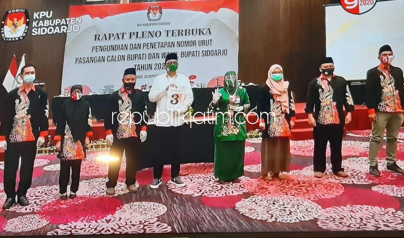 NOMOR URUT - Ketua KPU Sidoarjo, M Iskak menyerahkan nomor urut kepada Paslon nomor urut 3, Kelana Aprilianto - Dwi Astutik (Berkelas) yang baru ditetapkan dan mendapatkan nomor urut di Fave Hotel Sidoarjo, Senin (28/09/2020).
