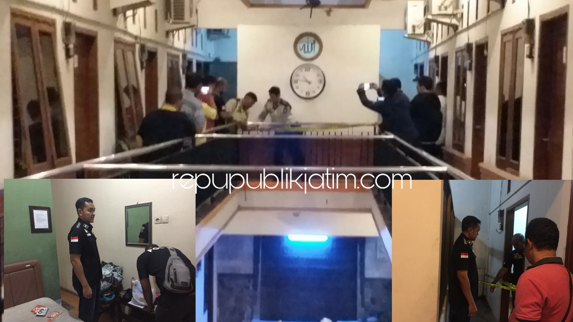 OLAH TKP - Anggota Satuan Reskrim, Polresta Sidoarjo menggelar olah TKP di depan kamar nomor 40 Pondok Indah Shofa JL By Pass Juanda, Kecamatan Sedati, Sidoarjo atas kematian Andik Wawan Prasetyo (28) warga Pehwetan, Papar, Kediri, Sabtu (29/09/2018).