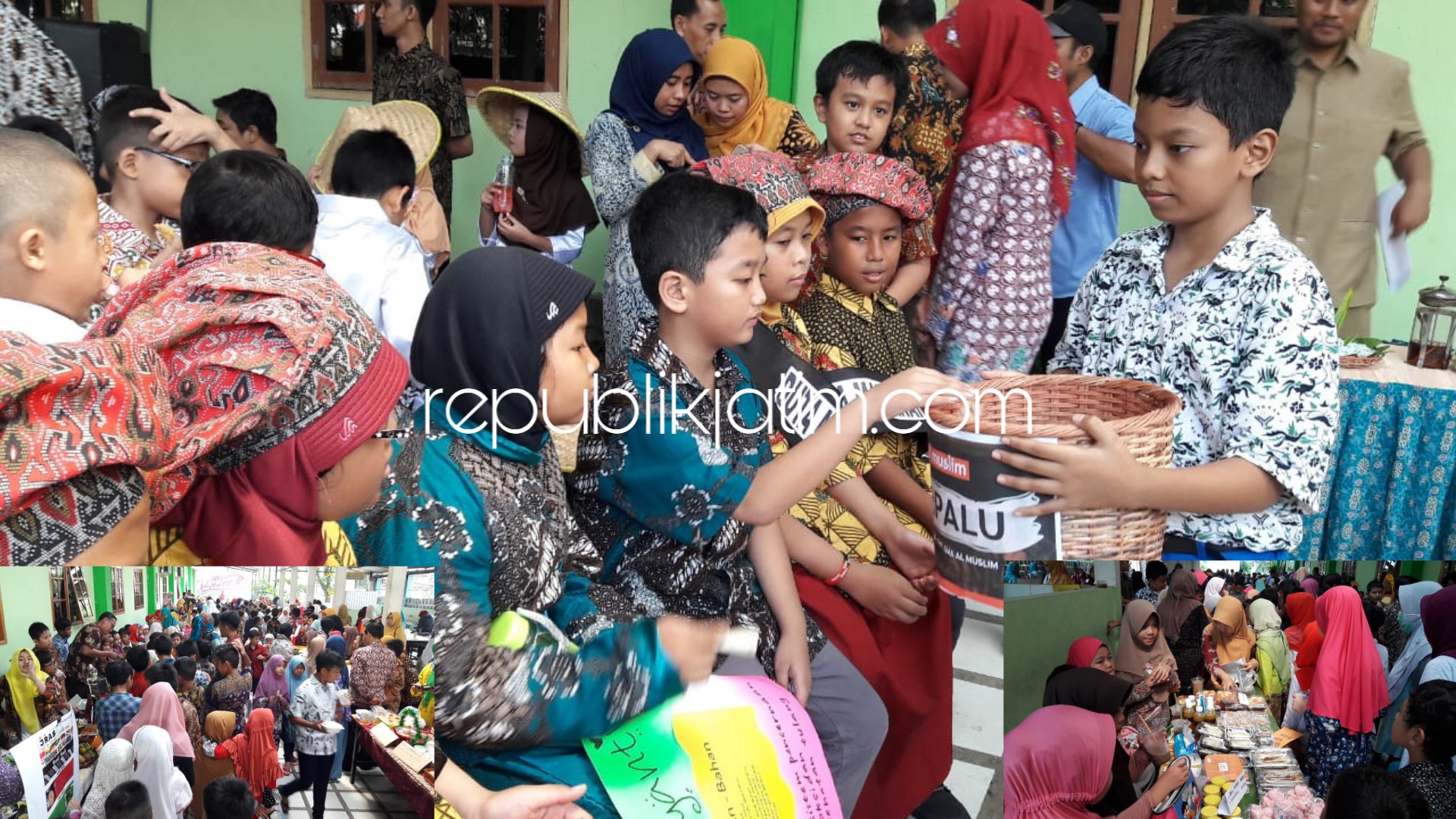 GALANG - Siswa SD Al Muslim Wadungasri, Waru Sidoarjo menggalang dana bantuan korban bencana Tsunami di Palu bersamaan acara Happy Kids Entrepreneurship Day Smart, Fun and Healthy, Traditional Food and Cultures on National Batik`s Day, Senin (01/10/2018)