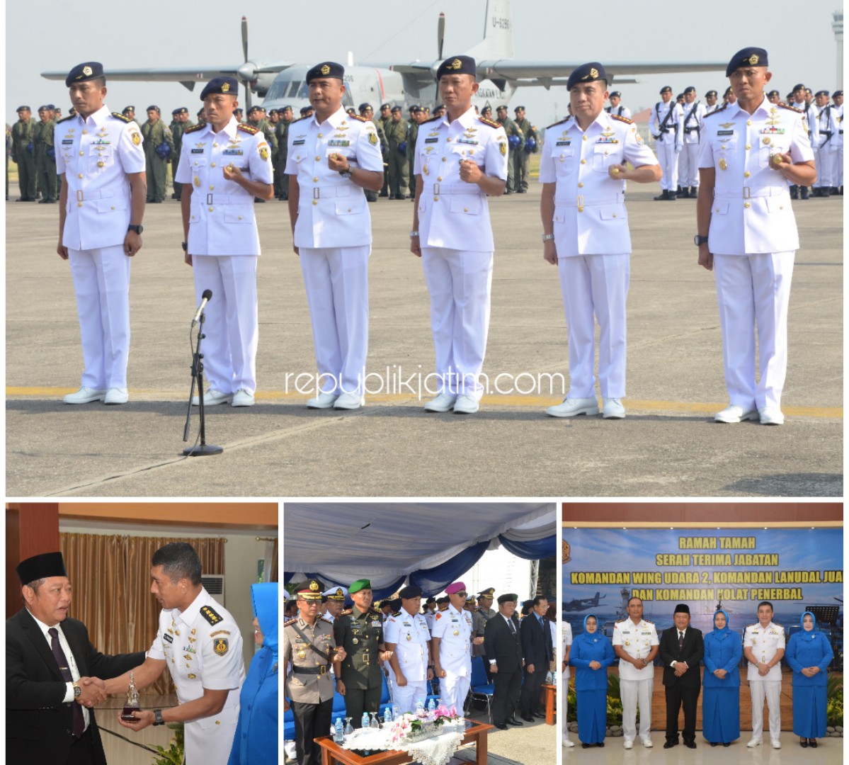 SERTIJAB - Bupati Sidoarjo, Saiful Ilah menyerahkan Cinderamata kepada mantan Komandan Komando Latihan Penerbangan TNI Angkatan Laut (Kolat Penerbal), Komandan Wing Udara 2, dan Komandan Lanudal Juanda usai sertijab, Senin (07/10/2019.