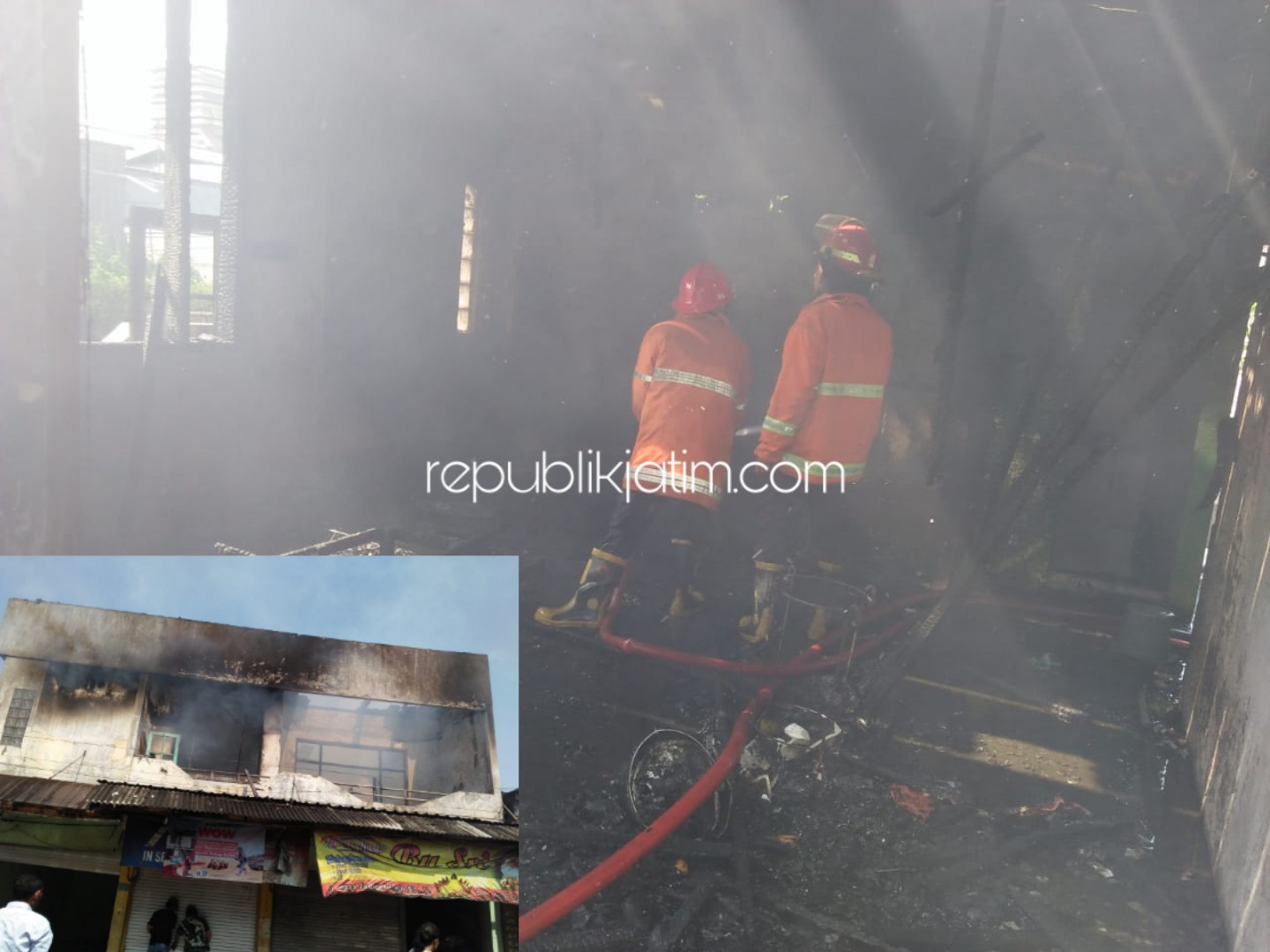 LUDES - Petugas PMK berusaha memadamkan api yang membakar bangunan dua lantai yang digunakan warung makan, toko, dan rumah kos di Desa Tambakrejo, Kecamatan Waru, Sidoarjo, Rabu (23/10/2019).