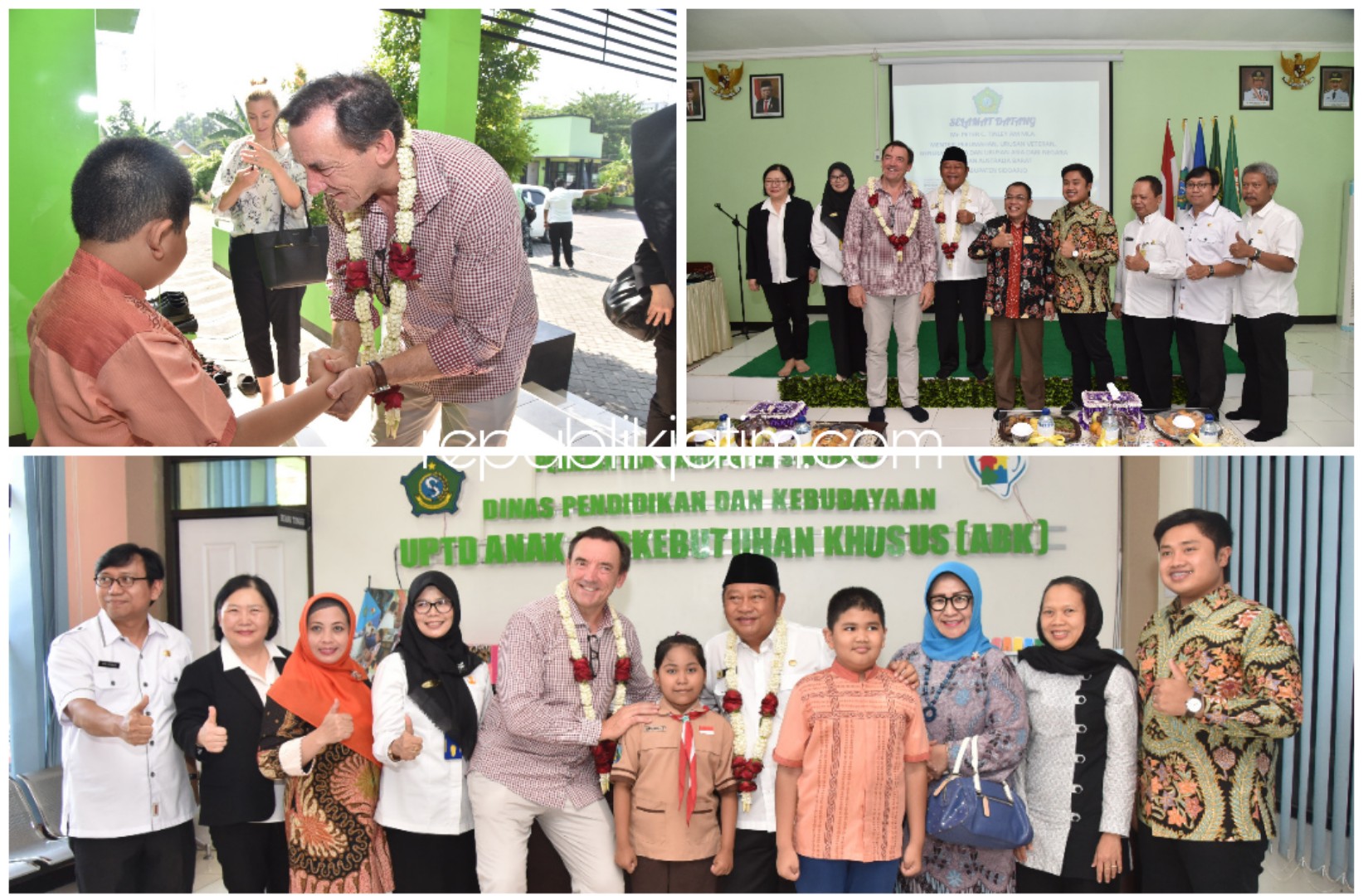 KUNJUNGAN - Bupati Sidoarjo, Saiful Ilah mendampingi Menteri Urusan Asia, Negara bagian Australia Barat, Peter Charles Tinley saat mengunjungi UPTD Anak Berkebutuhan Khusus (ABK) di JL Pahlawan, Sidoarjo, Jumat (08/11/2019).