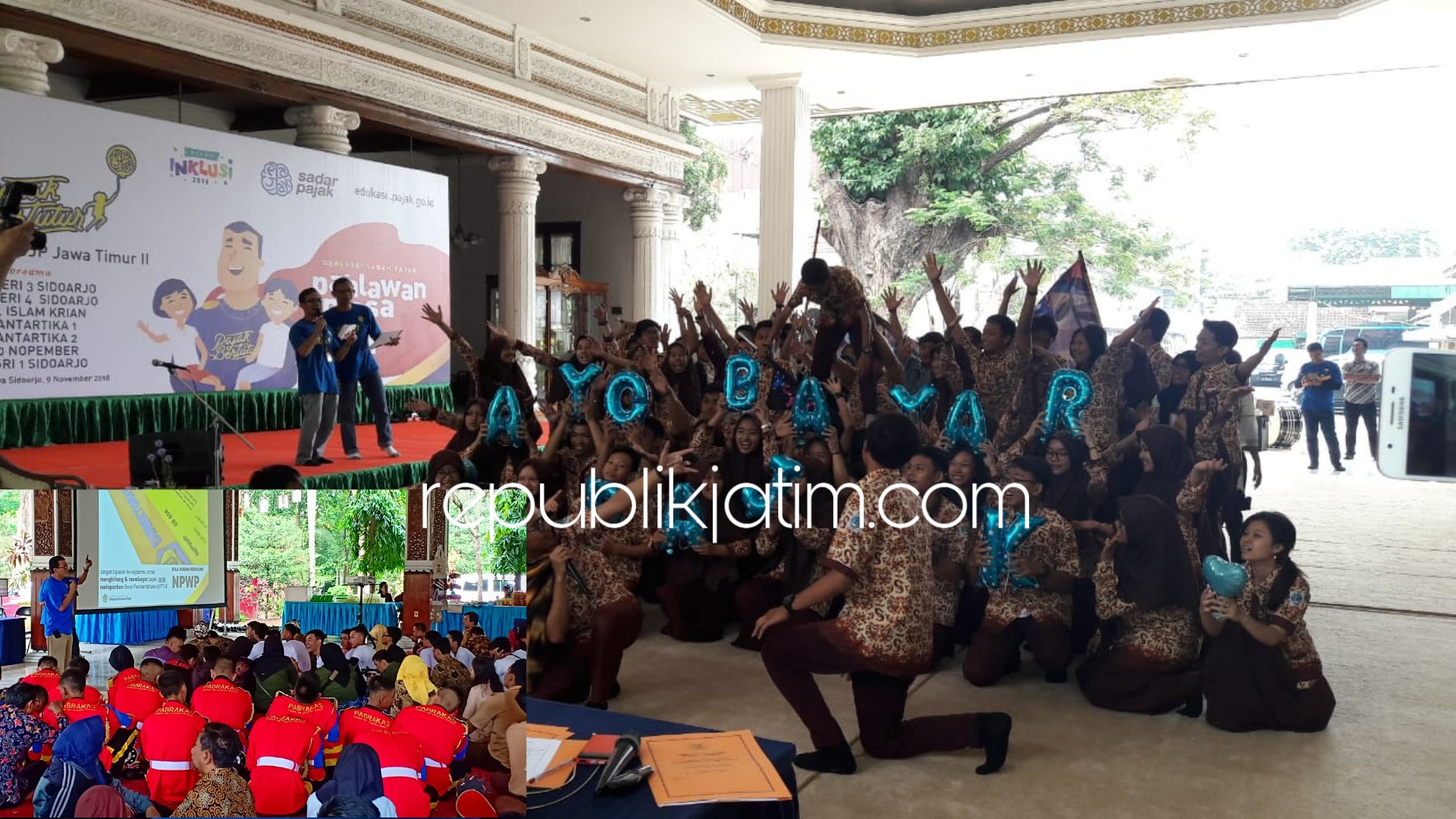 LOMBA YEL-YEL - Ratusan siswa dari berbagai SMA dan SMK se Sidoarjo mengukuti acara Pajak Bertutur (Patur) sekaligus lomba yel-yel kepajakan di Pendopo Delta Wibawa Sidoarjo, Jumat (09/11/2018).