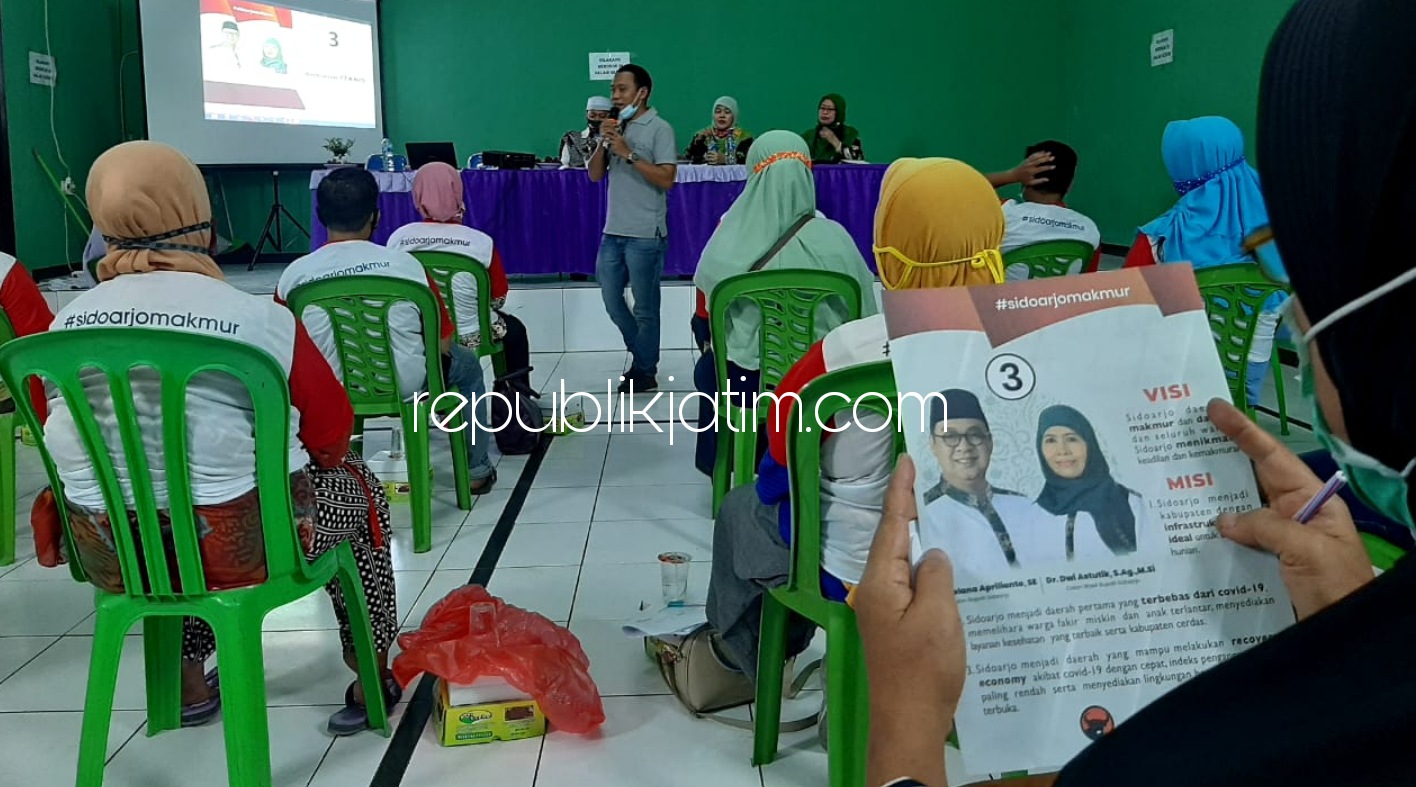 SOSIALISASI - Sejumlah tim relawan Barokah Berkelas sosialisasi cara pencoblosan Kelana Aprilianto-Dwi Astutik (Berkelas) mengikuti sosialisasi cara pencoblosan Paslon nomor urut 3 di Desa Suwaluh, Kecamatan Balongbendo, Senin (09/11/2020) malam.